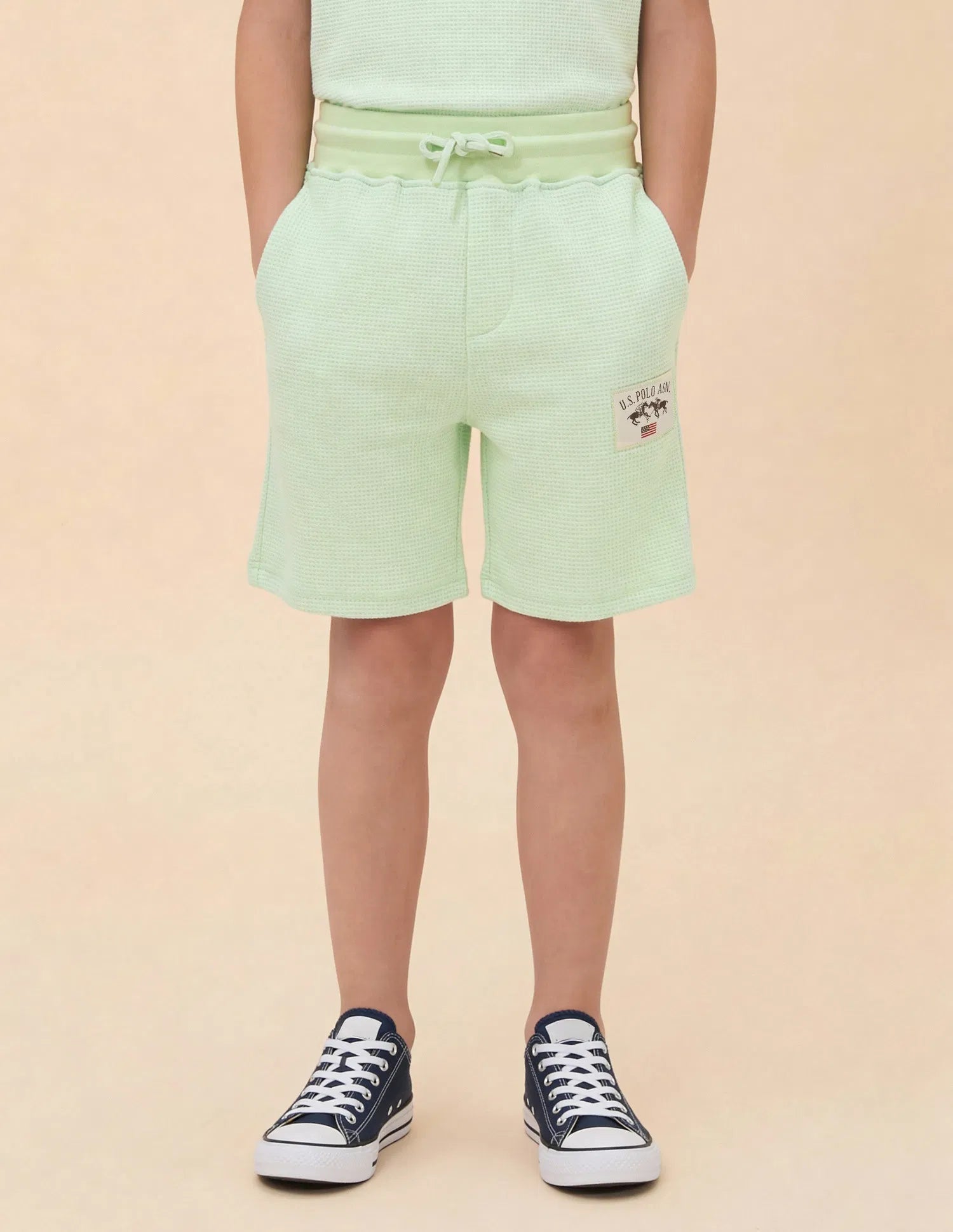 Boys Light Green Textured Cotton Blend Shorts Regular Fit