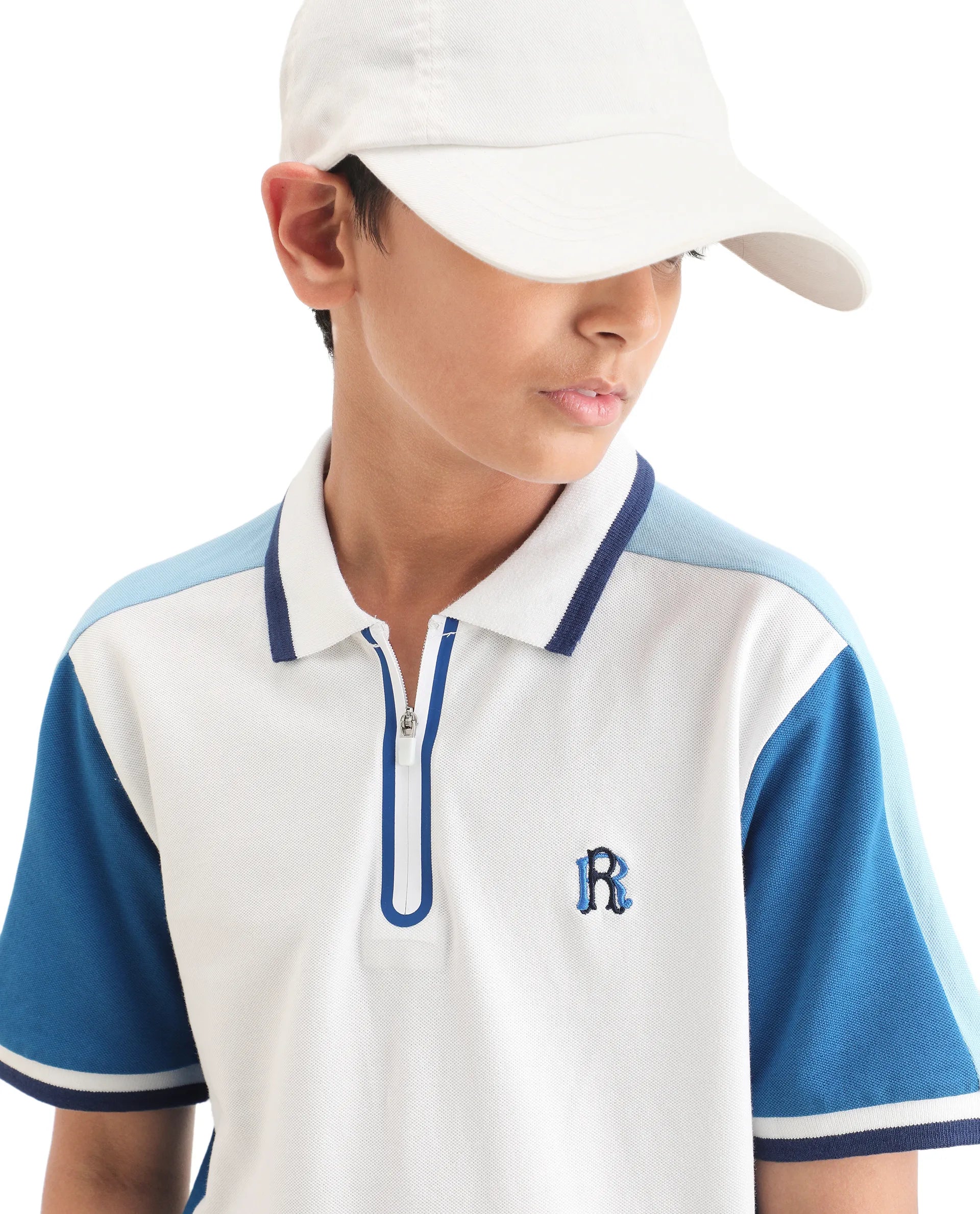 Boys Off White Embroidered Zipper Polo