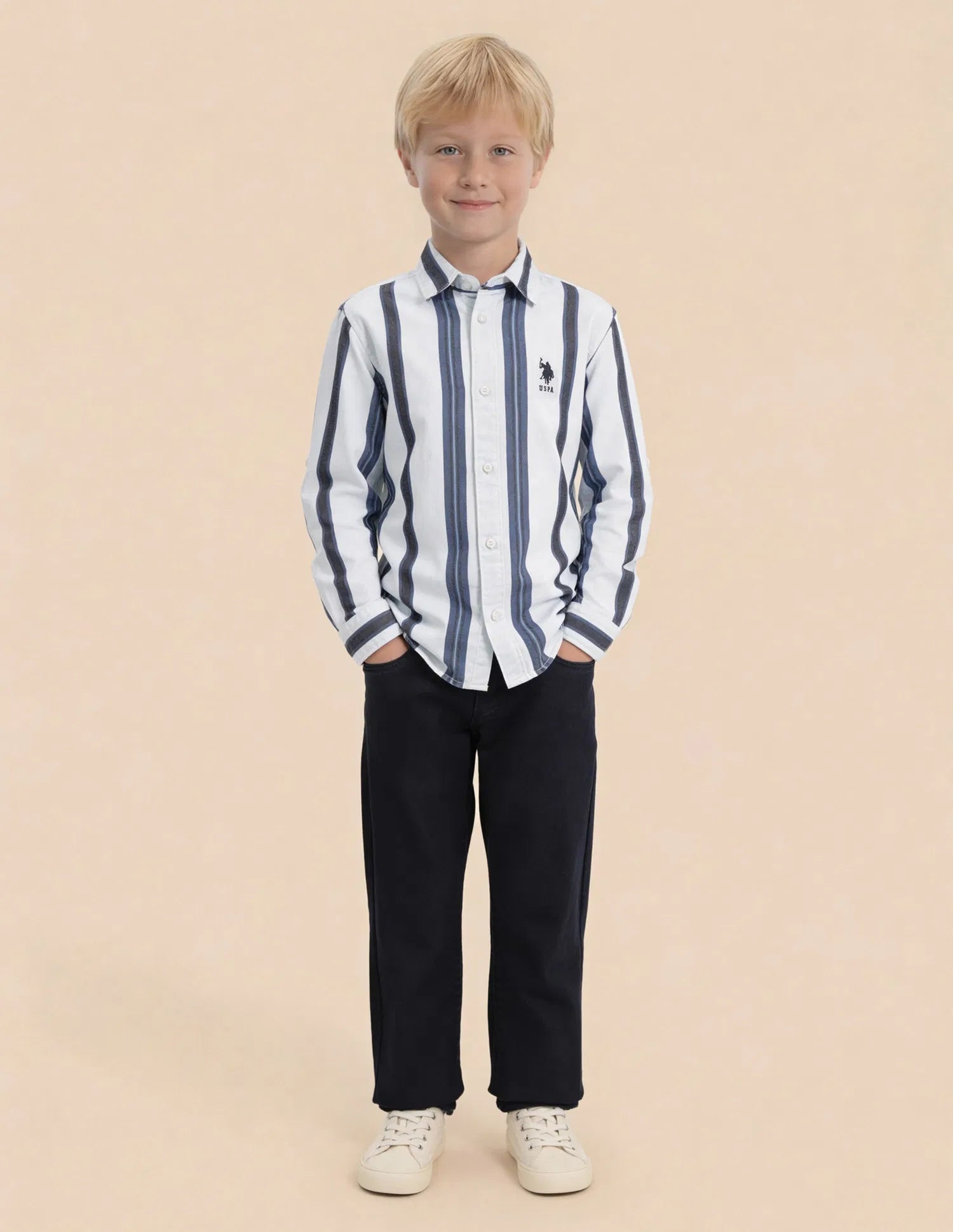 Boys Indigo Vertical Striped Cotton Shirt – Regular Fit