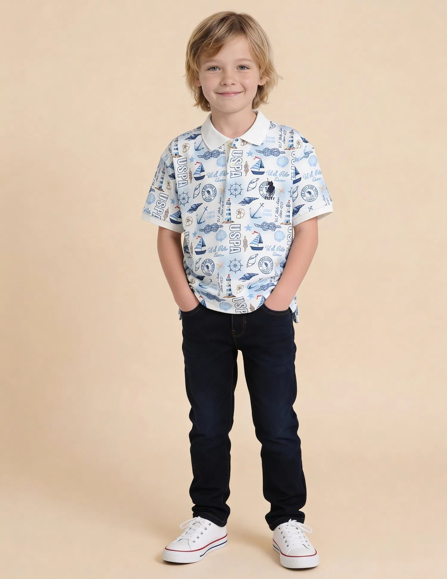 Boys Off White Polyester Blend Graphic Print Regular Fit Polo Shirt