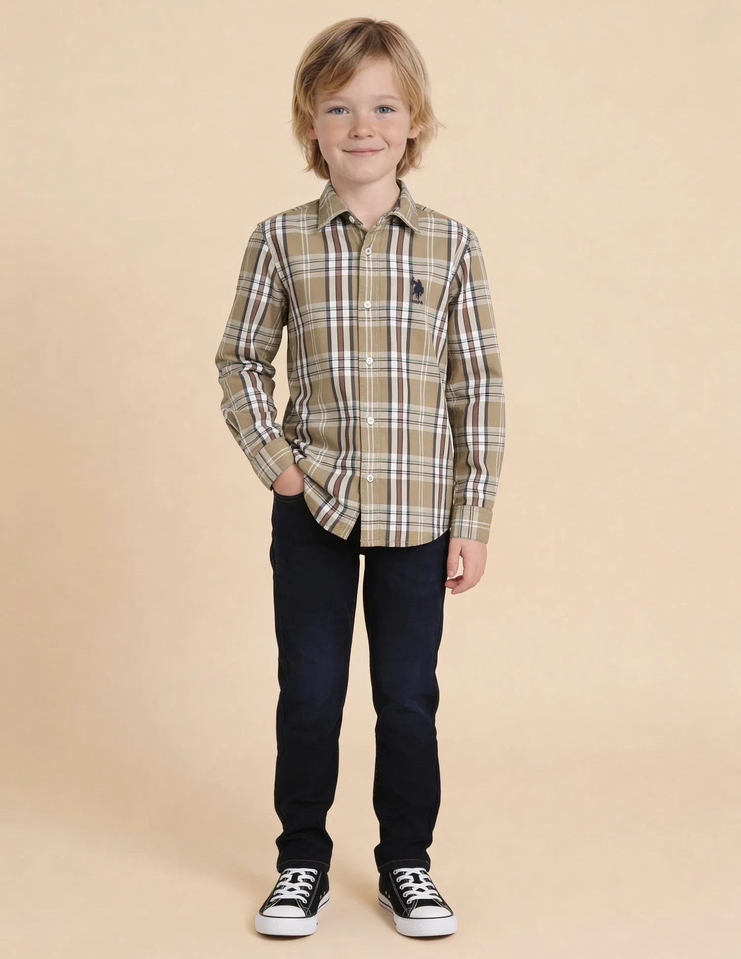 Boys Plaid Checked Cotton Twill Shirt – Regular Fit