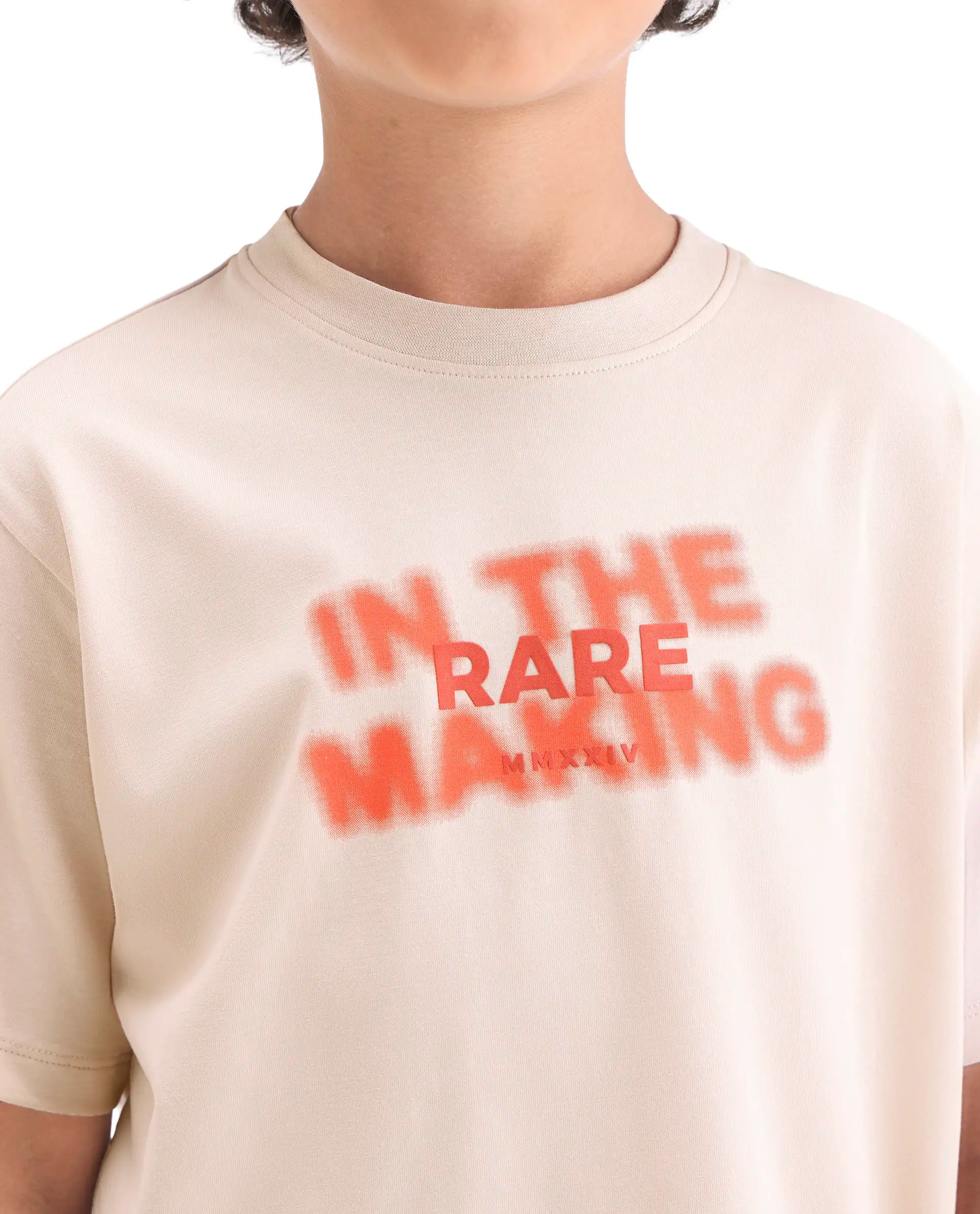 Boys Light Beige HD Print Regular Fit T-Shirt