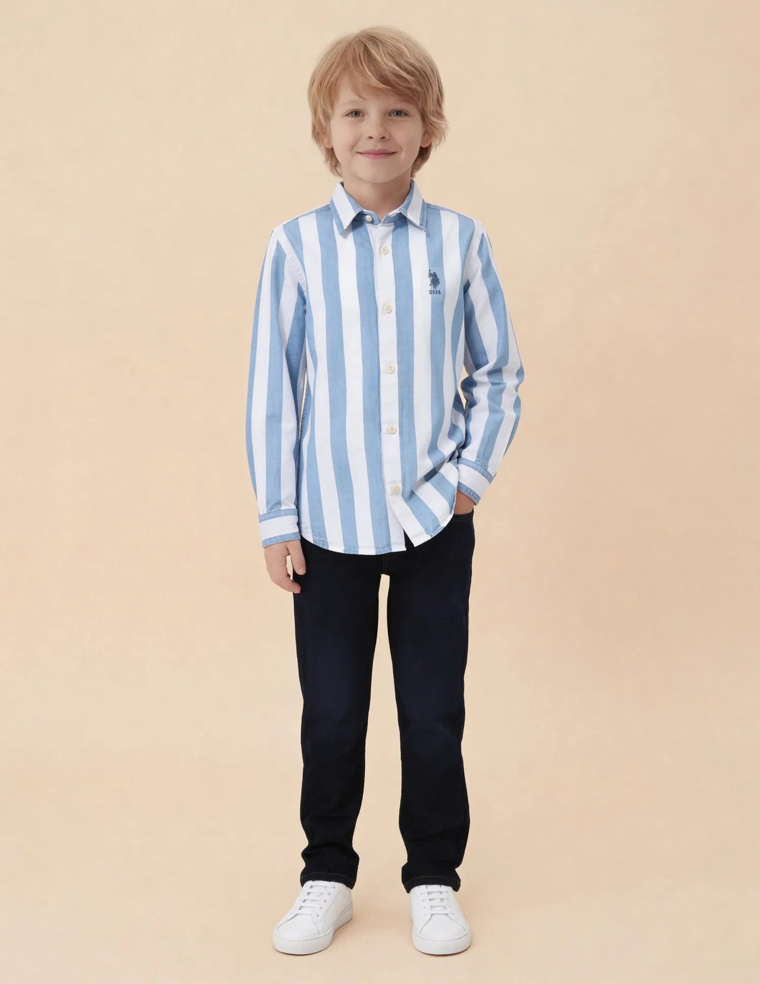 Boys Light Blue Vertical Striped Cotton Shirt – Regular Fit