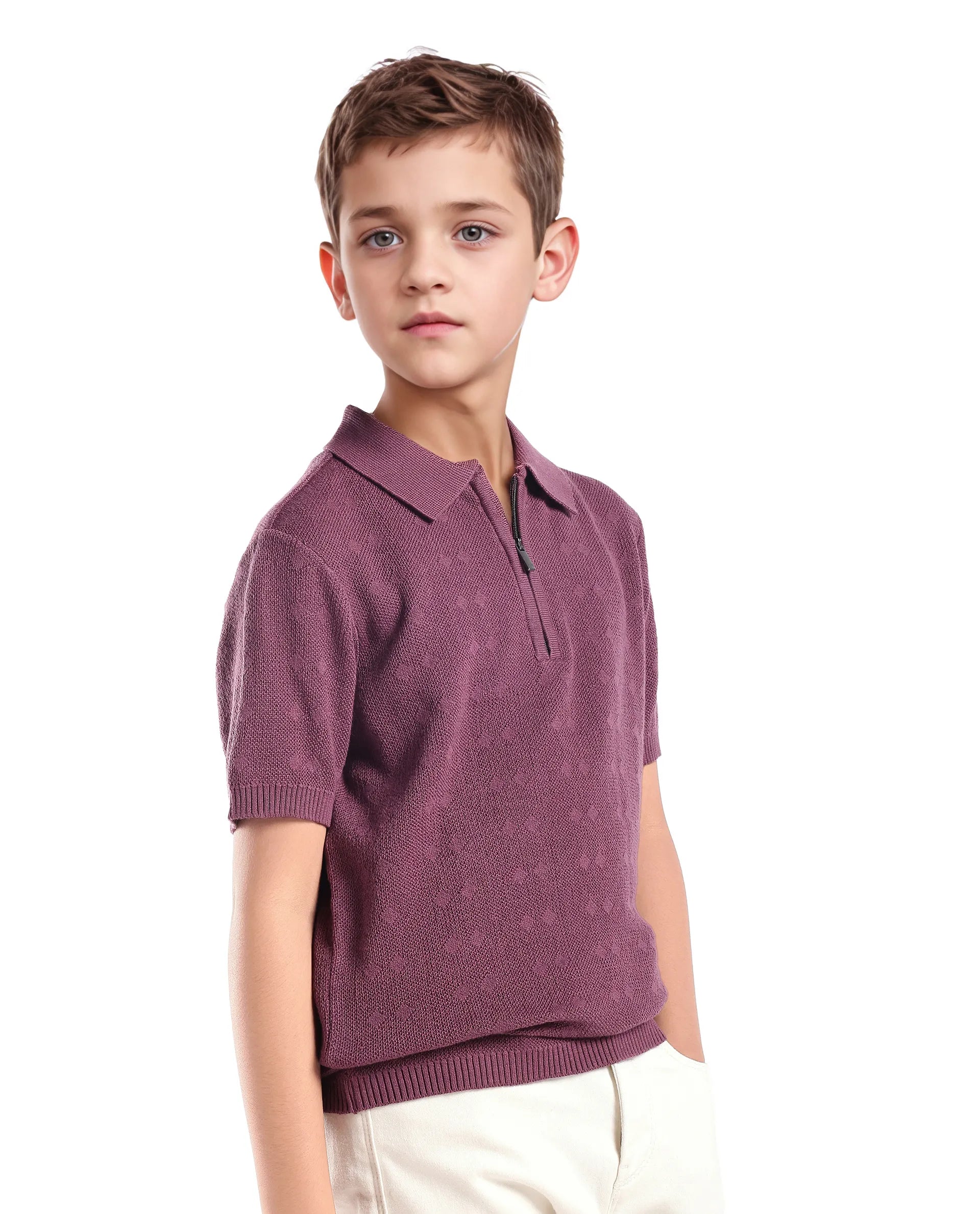 Boys Jacquard Zipper Polo in Dusky Purple