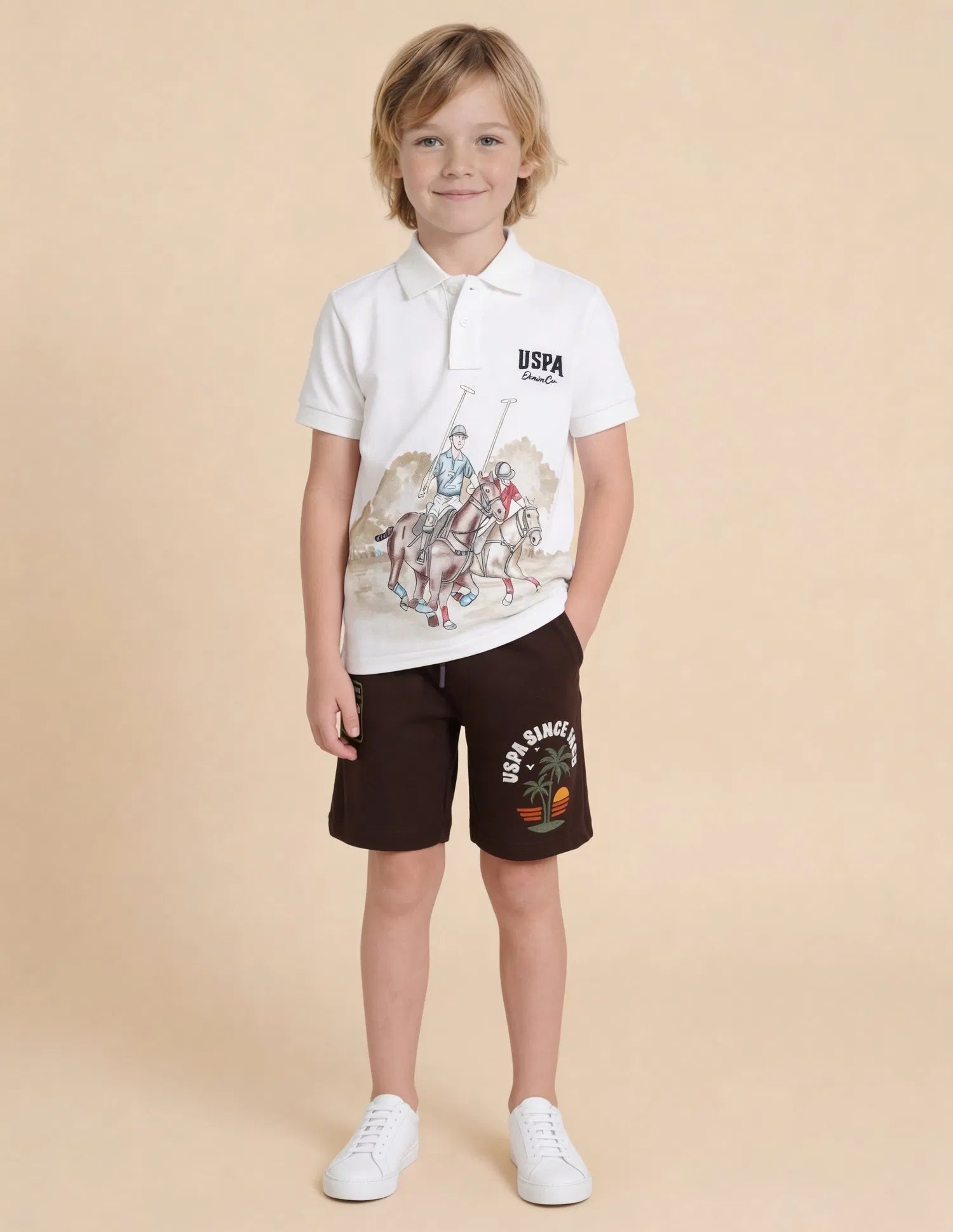 Boys Off White Cotton Graphic Print Regular Fit Polo Shirt