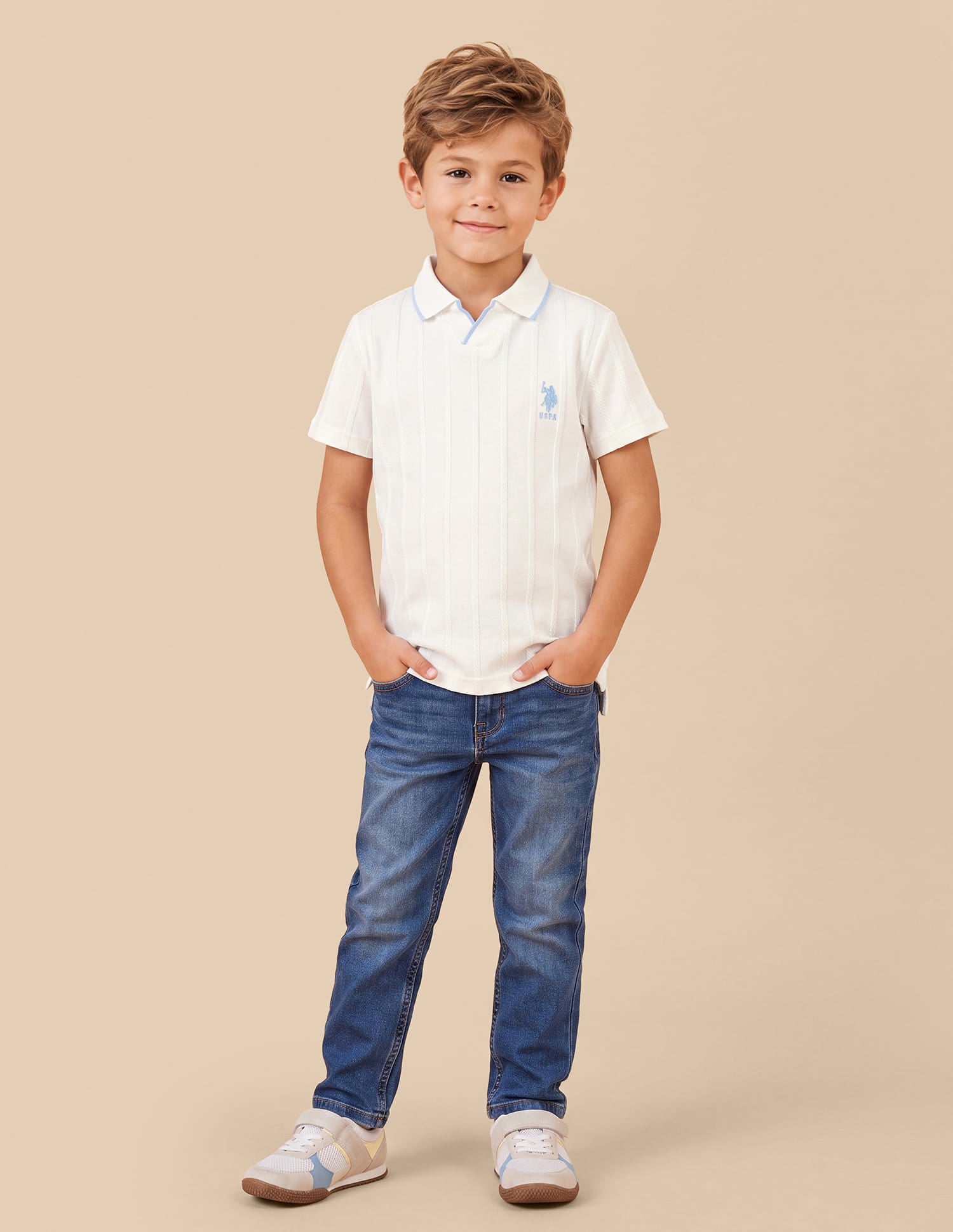 Boys Off White Cotton Vertical Striped Regular Fit Polo Shirt