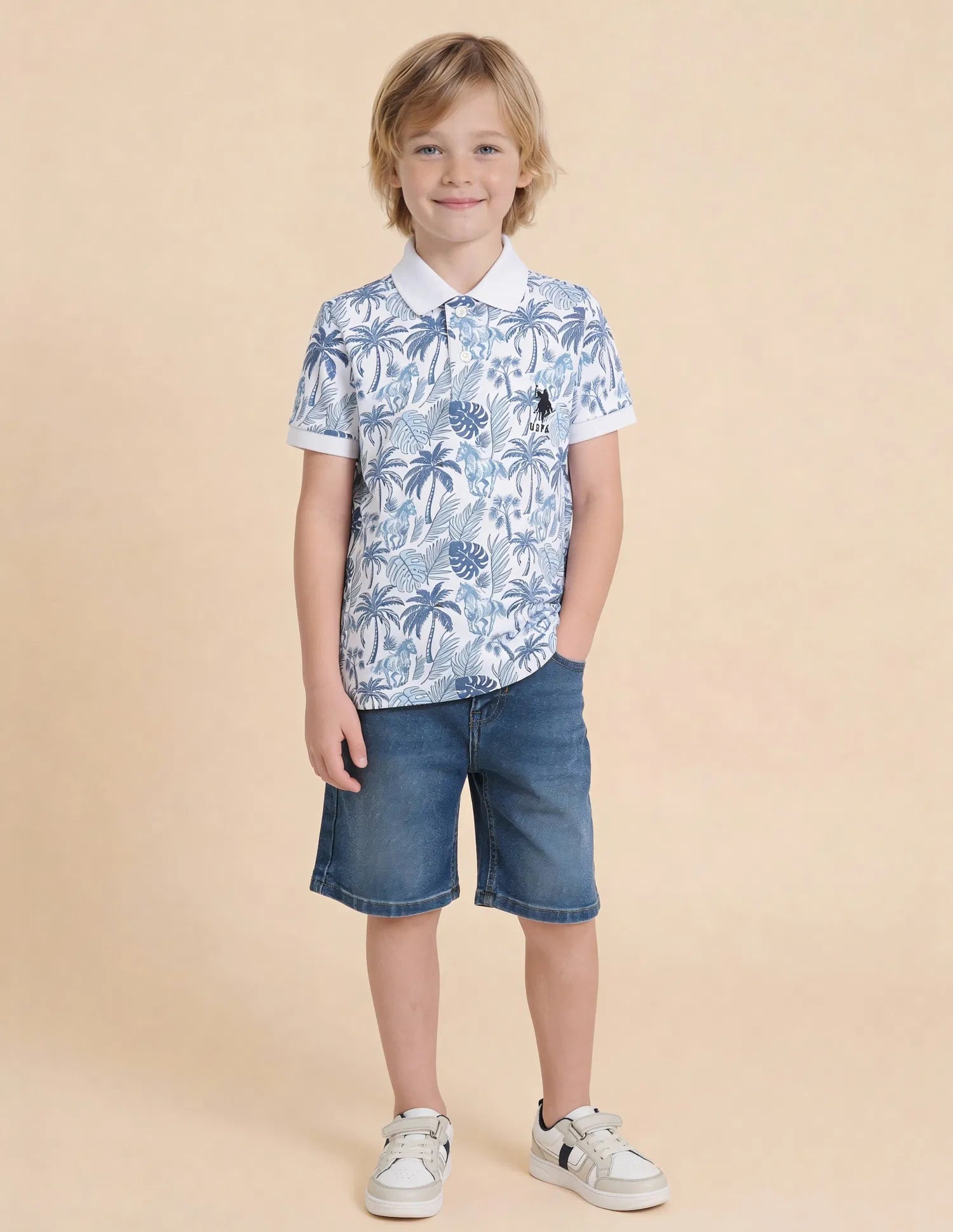 Boys Off White Cotton All-Over Print Regular Fit Polo Shirt