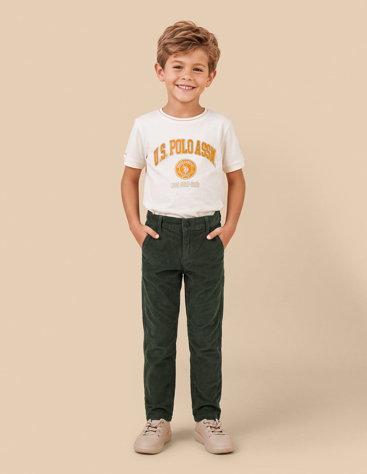 Boys Olive Cotton Corduroy Regular Fit Trousers