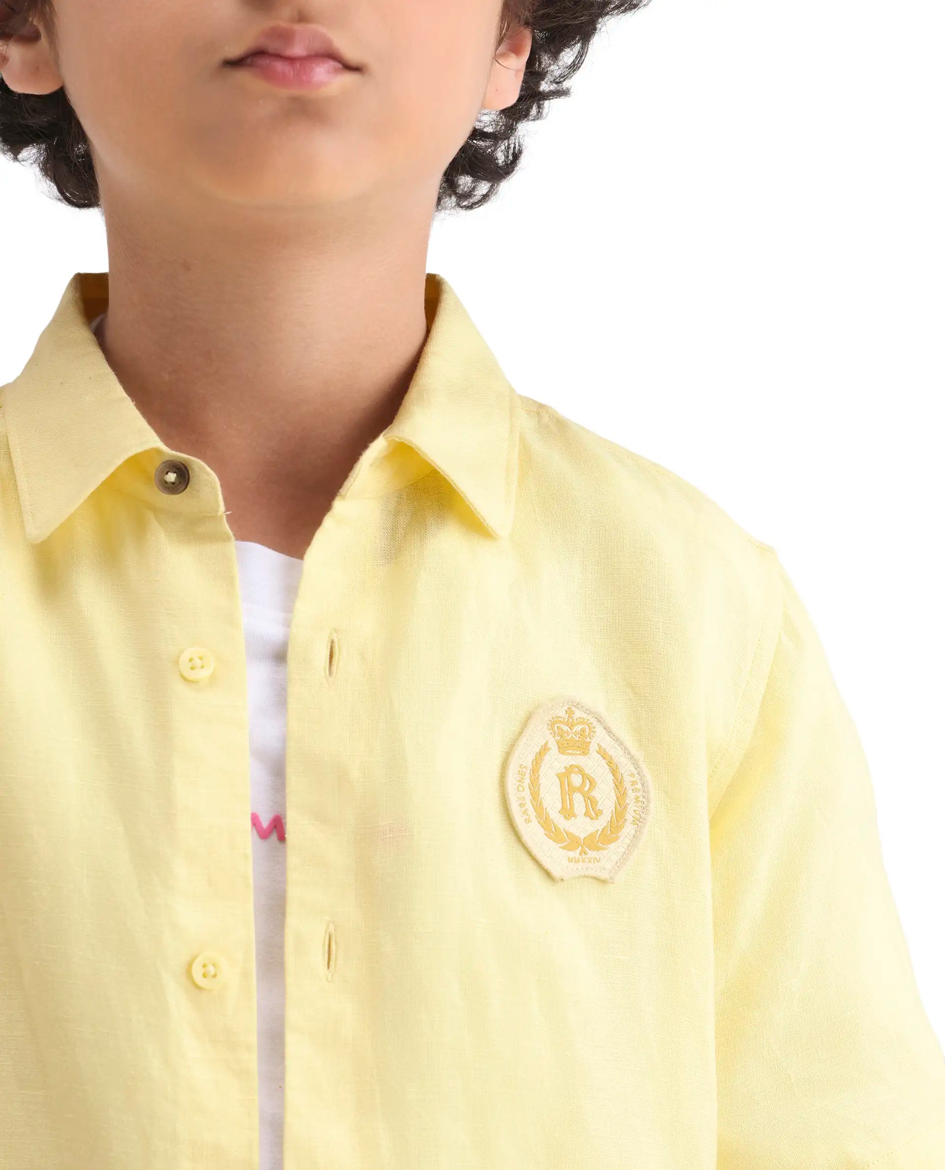 Boys Yellow Linen Blend Regular Fit Shirt
