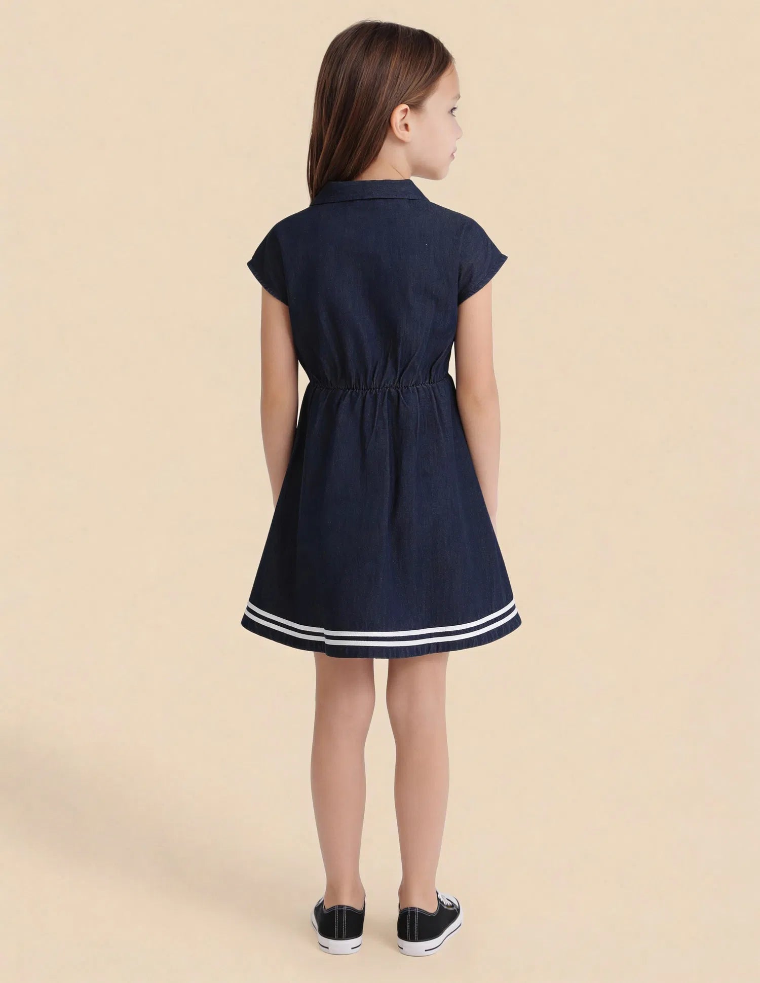 Girls Navy Cotton Solid Shirt Collar Skater Dress