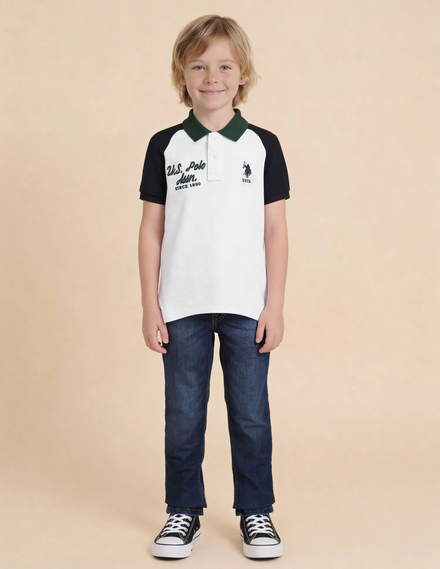 Boys White Colour Block Cotton Polo Shirt