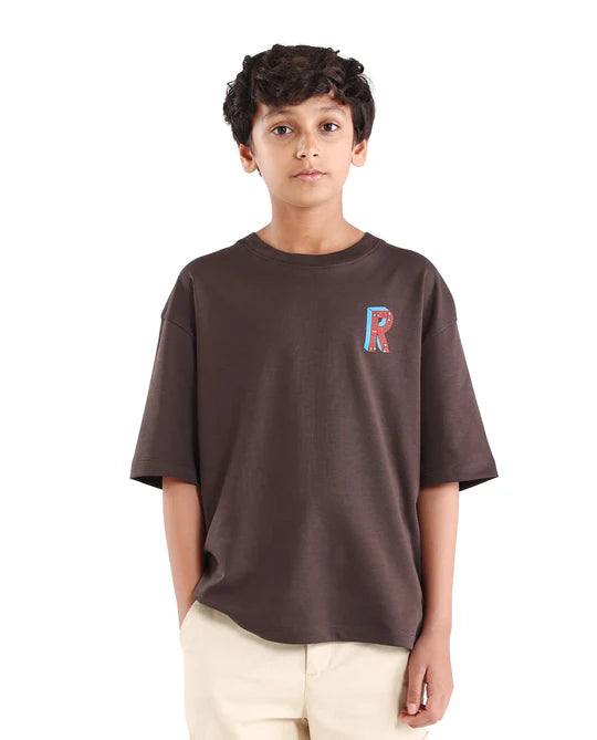 Rare Ones Boys Dark Brown Puff Print Boxy Cotton T-Shirt