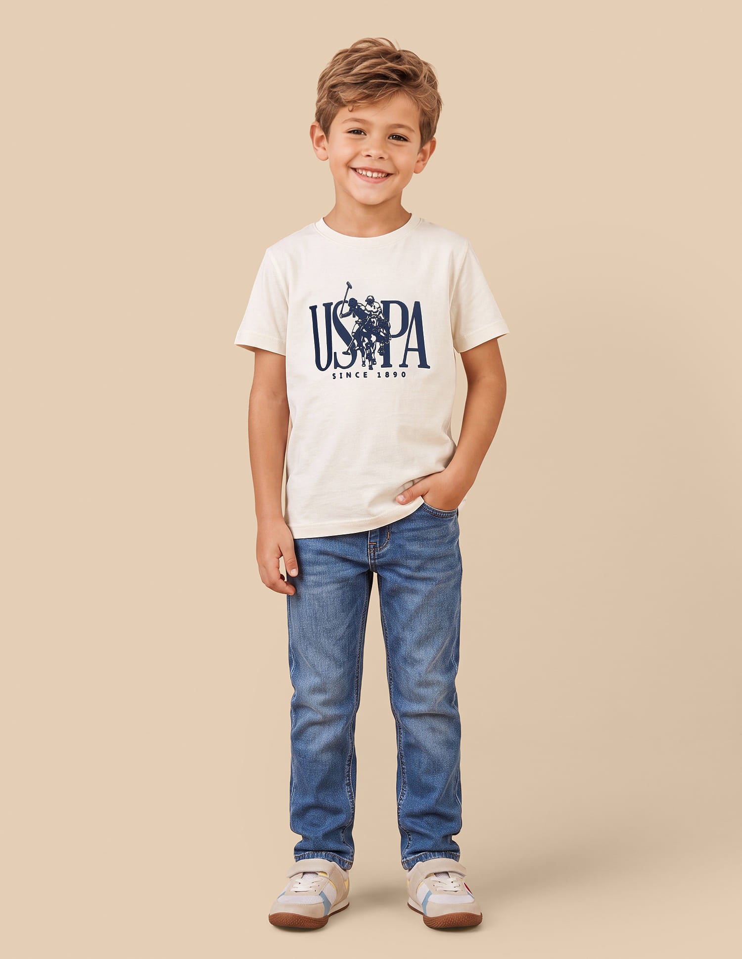 Boys Off White Cotton Logo Print Regular Fit T-Shirt