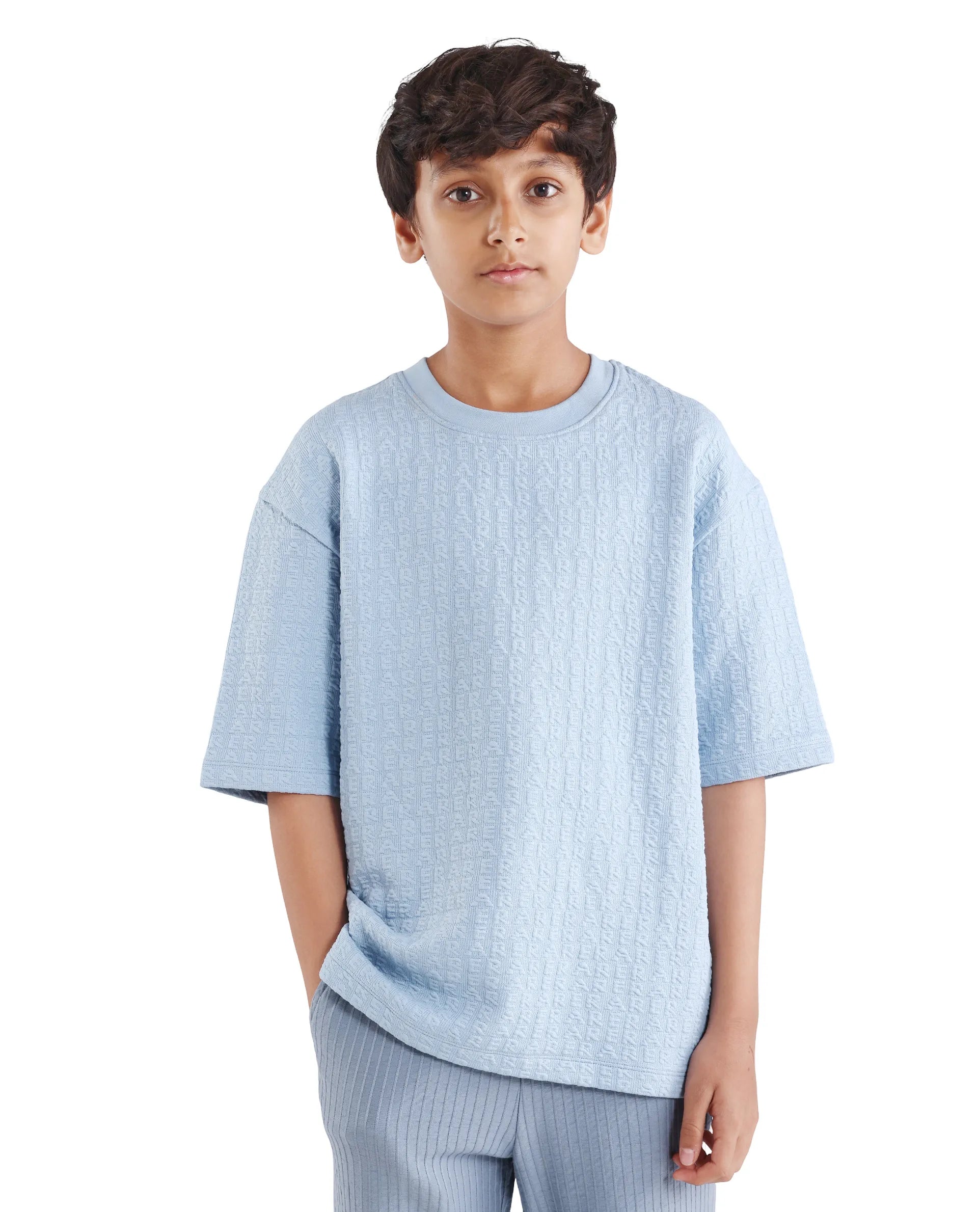 Boys Blue Jacquard Oversized Polyester Blend T-Shirt