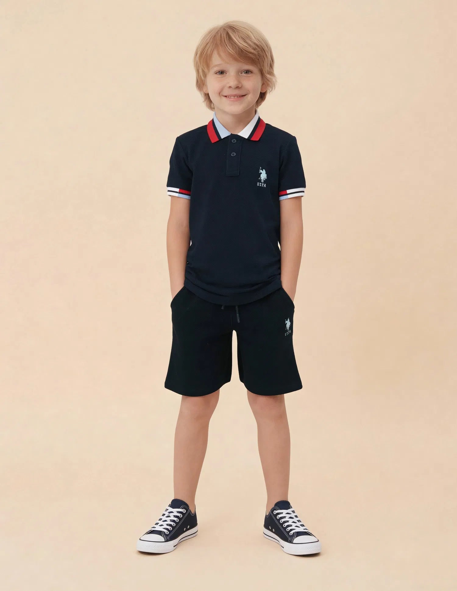 Boys Navy Cotton Solid Regular Fit Polo Shirt