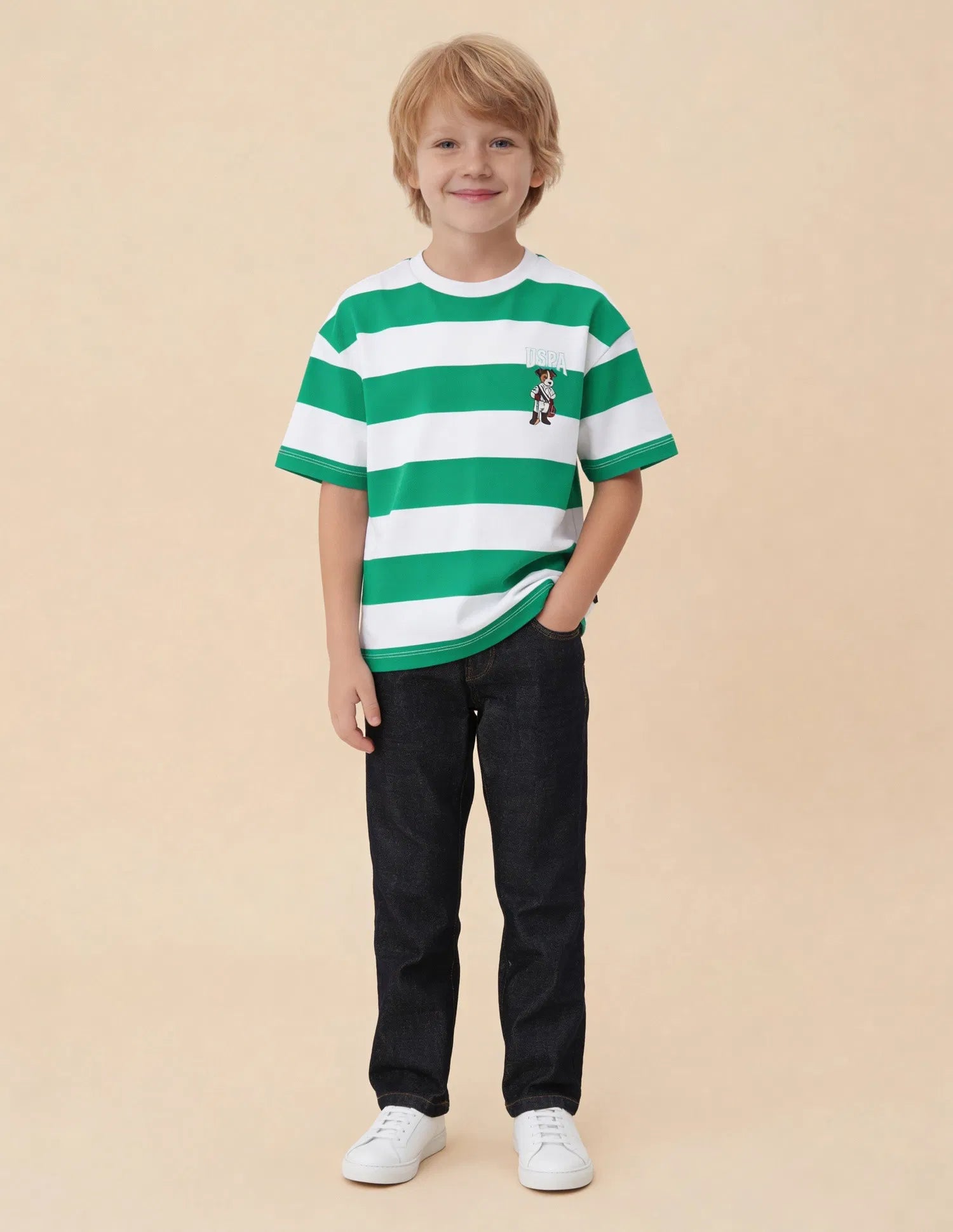 Boys Green Horizontal Striped Cotton T-Shirt – Oversized Fit