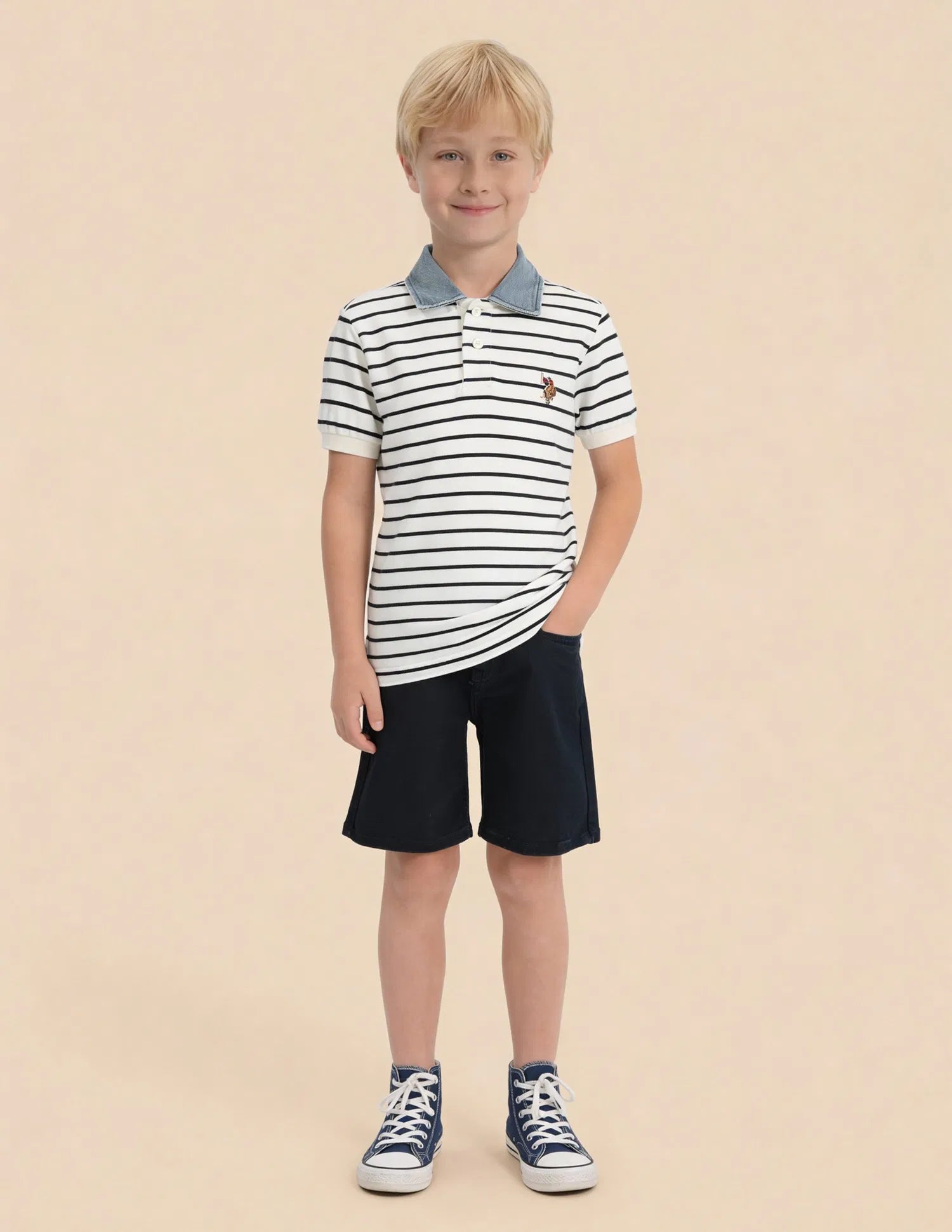 Boys Off White Cotton Horizontal Striped Regular Fit Polo Shirt
