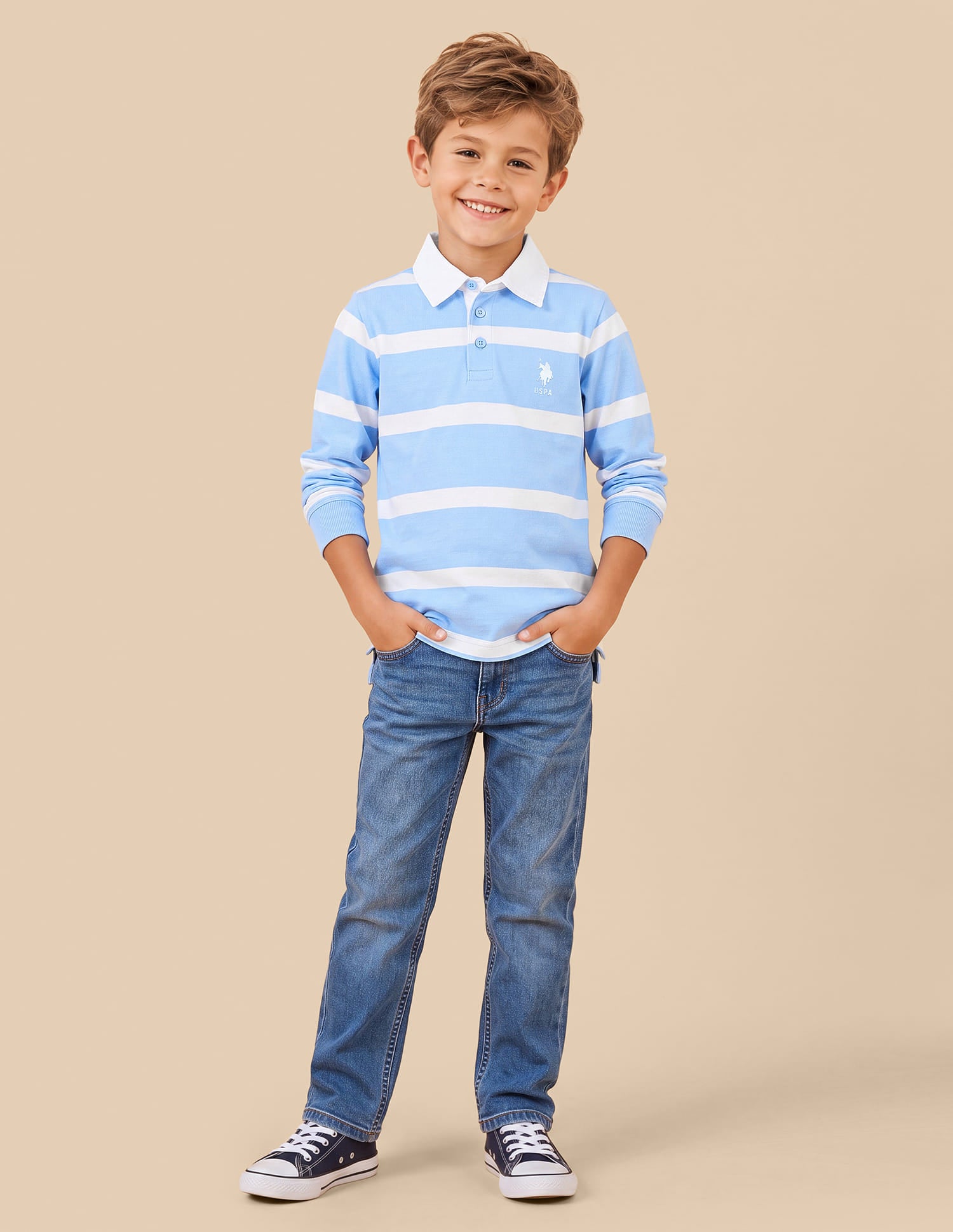Boys Blue Cotton Horizontal Striped Regular Fit Polo Shirt