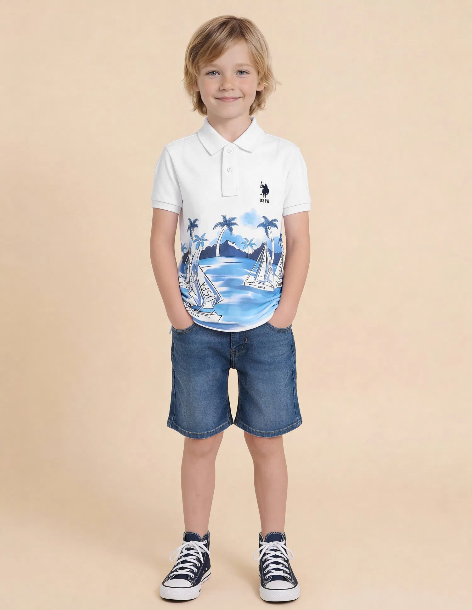 Boys White Cotton Graphic Print Regular Fit Polo Shirt