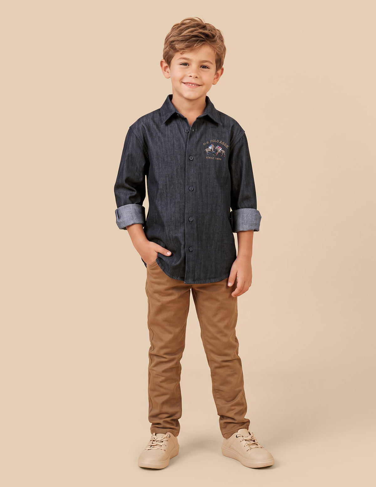 Boys Navy Cotton Heathered Boxy Fit Shirt