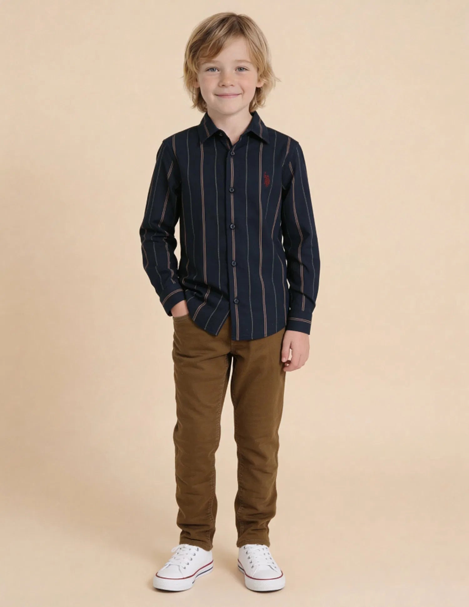 Boys Navy Vertical Striped Cotton Shirt – Regular Fit