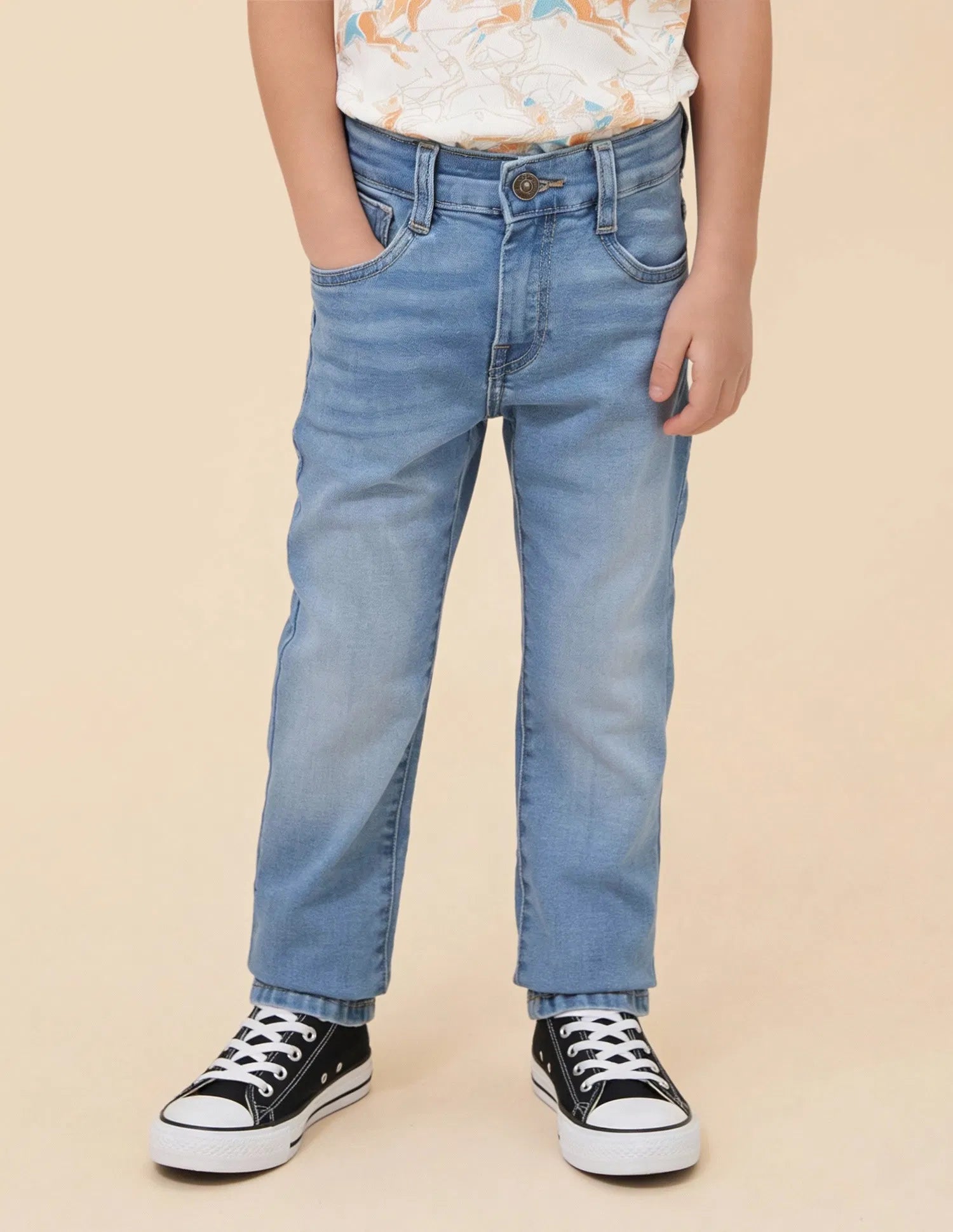 Boys Light Blue Cotton Slim Fit Whiskered Jeans