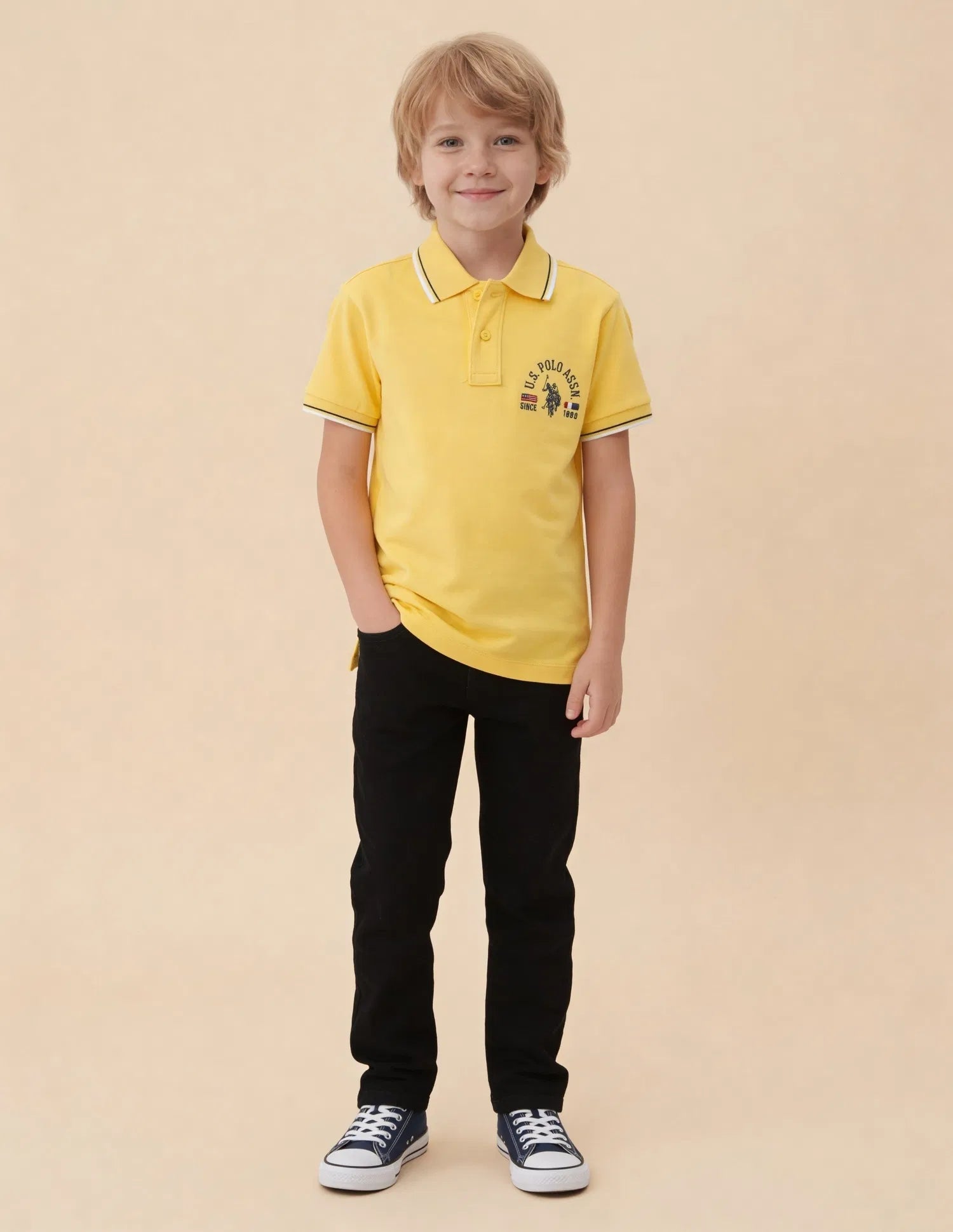 Boys Light Yellow Cotton Graphic Print Regular Fit Polo Shirt