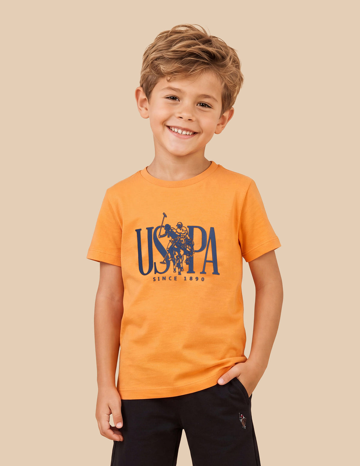 Boys Light Orange Cotton Logo Print Regular Fit T-Shirt