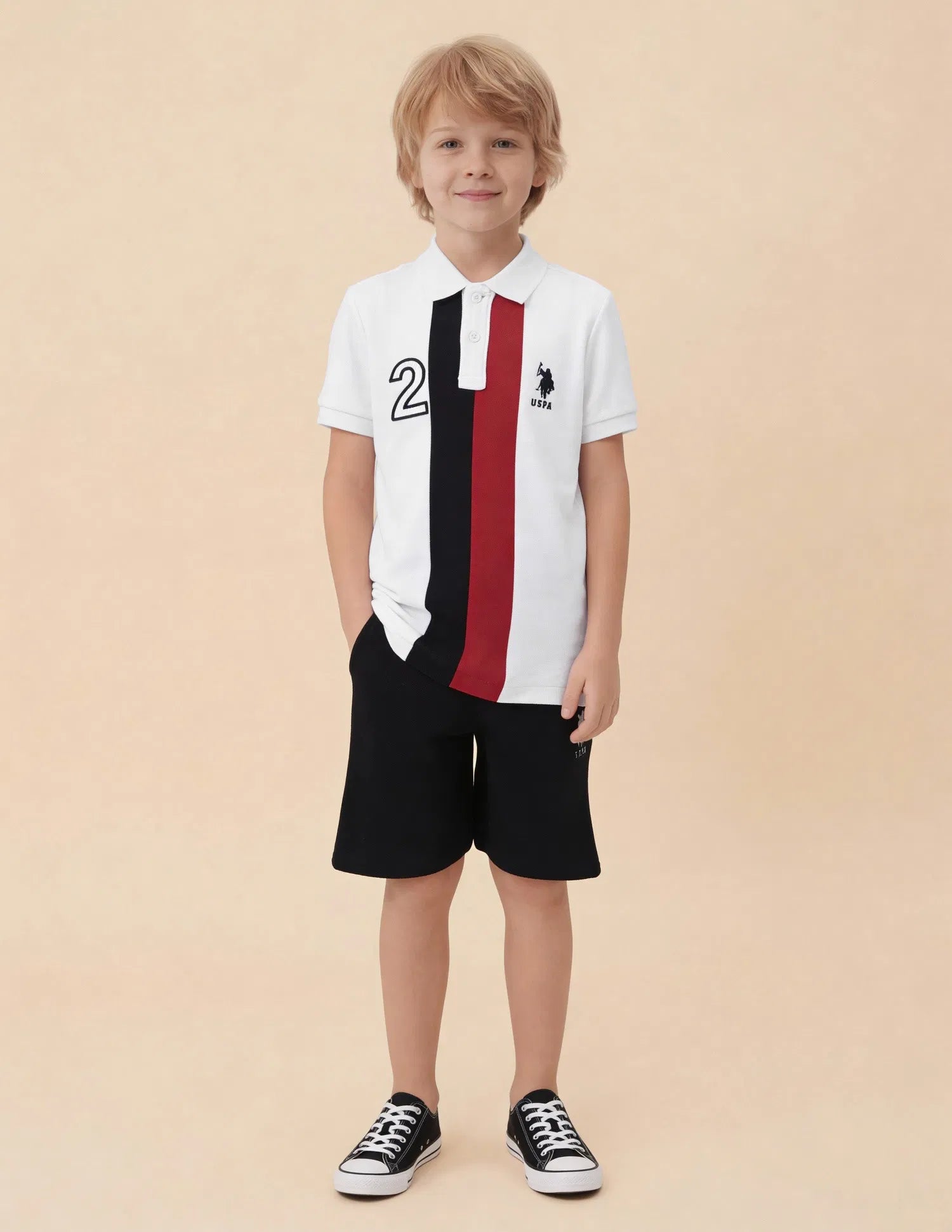 Boys White Vertical Stripe Cotton Polo Shirt Regular Fit