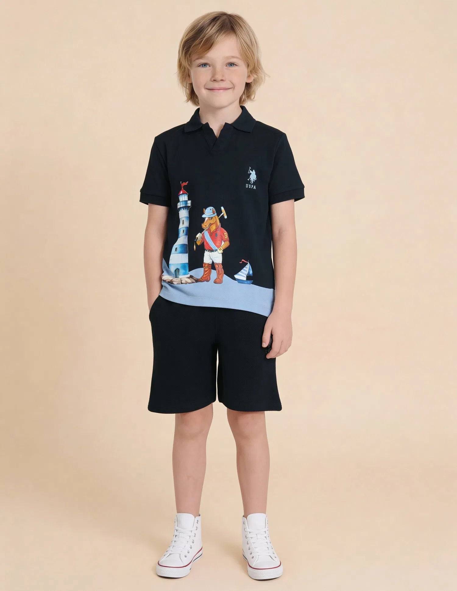 Boys Navy Cotton Graphic Print Regular Fit Polo Shirt