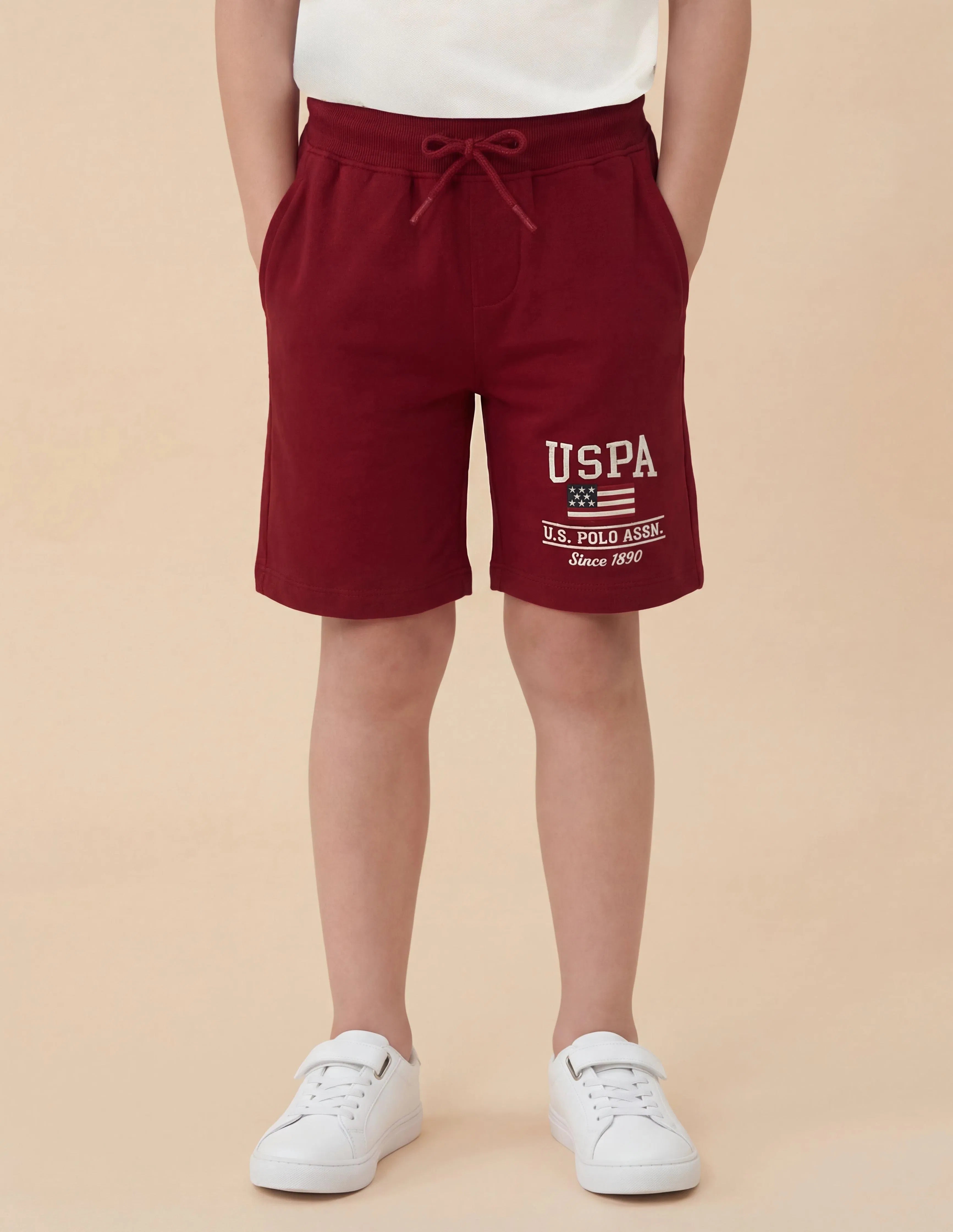 Boys Red Cotton Logo Printed Shorts Regular Fit