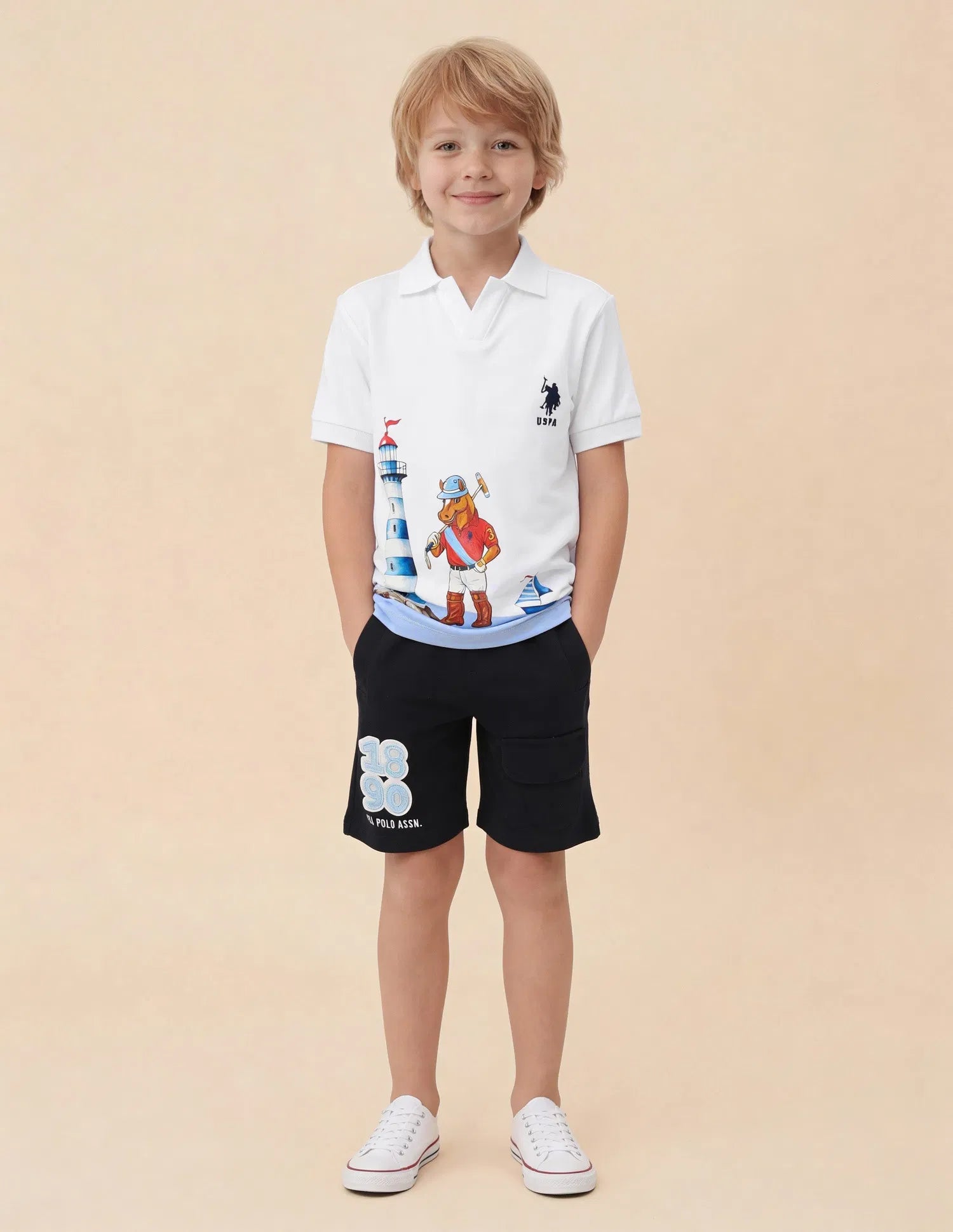 Boys White Cotton Graphic Print Regular Fit Polo Shirt