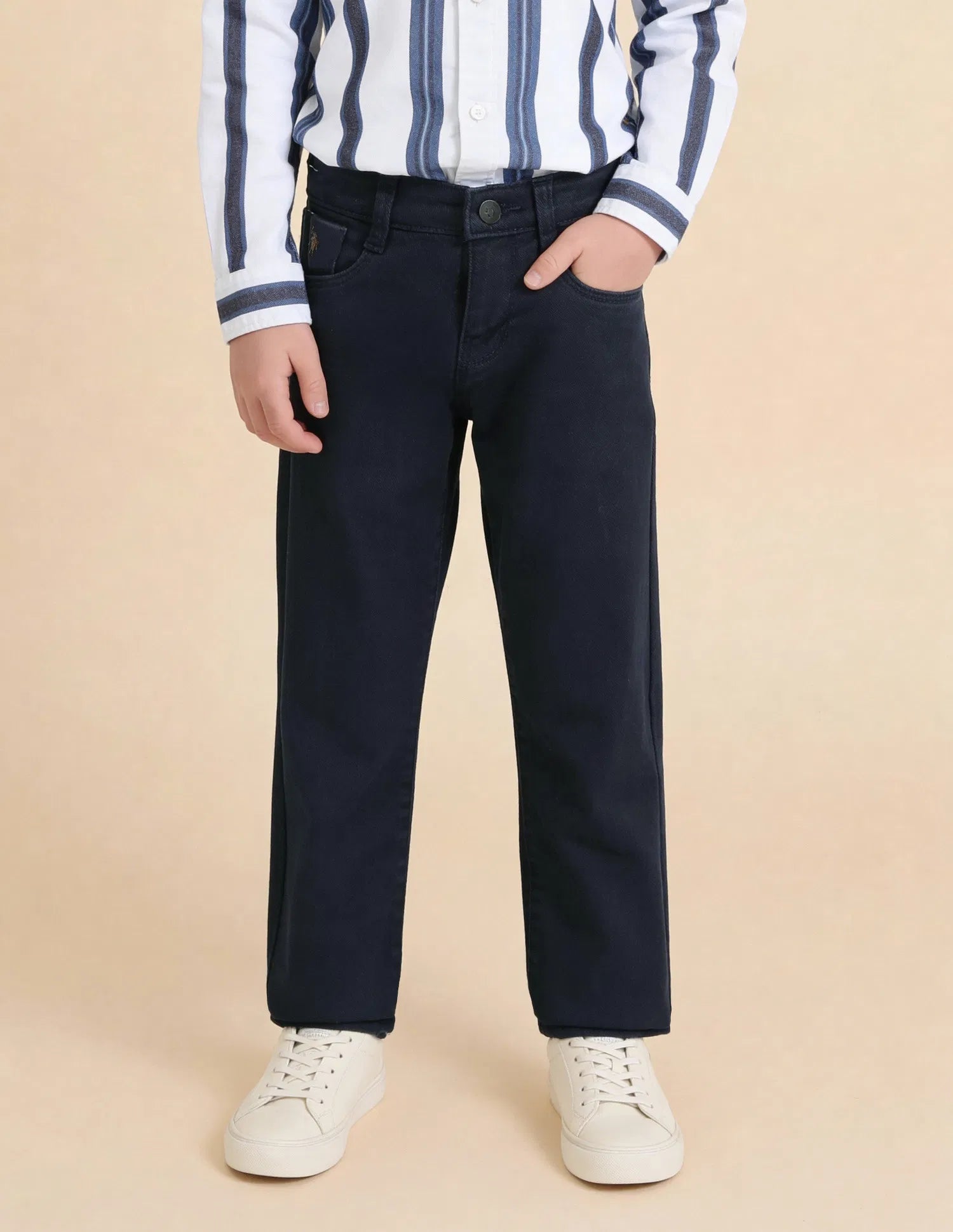 Boys Navy Cotton Mid Rise Relaxed Fit Jeans