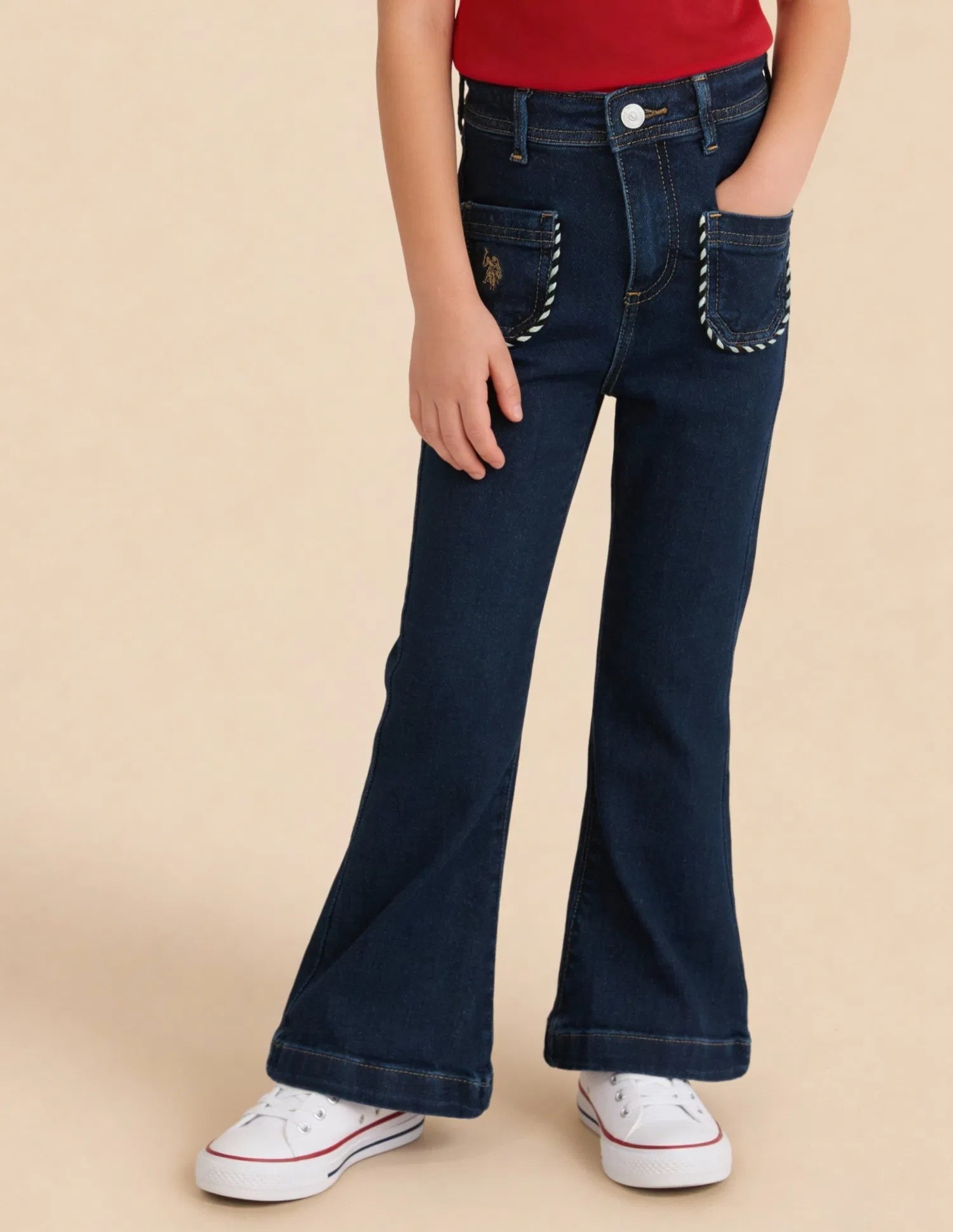 Girls Dark Blue Mid Rise Flared Fit Denim Jeans