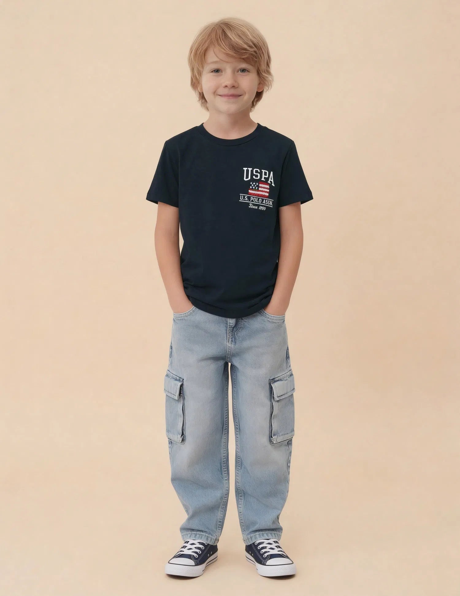 Boys Navy Cotton Brand Logo Regular Fit T-Shirt