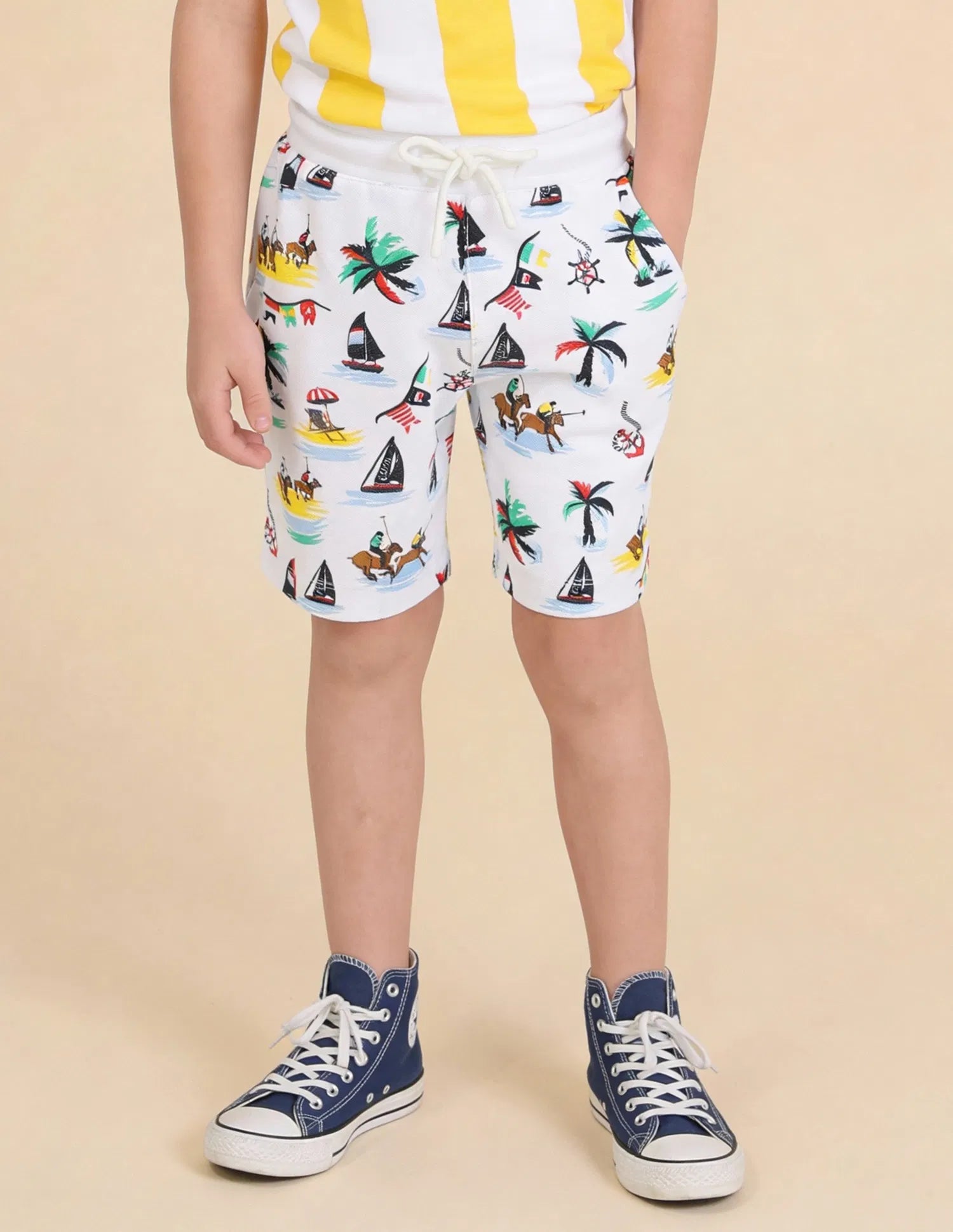 Boys White Cotton Graphic Printed Bermuda Shorts
