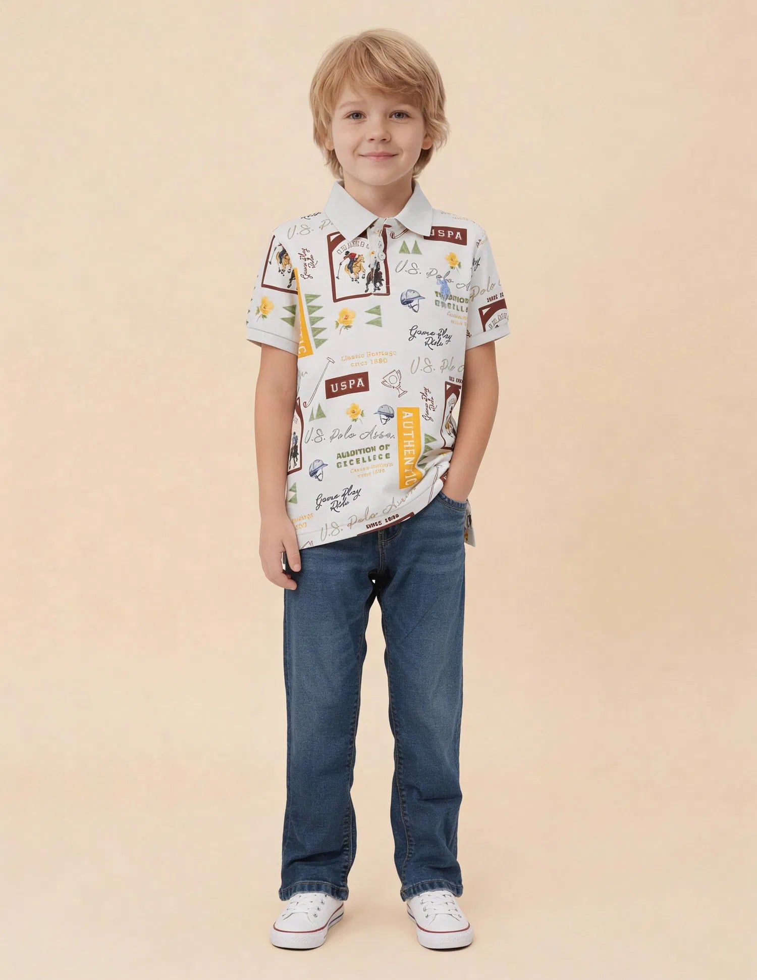 Boys Off White Cotton Graphic Print Regular Fit Polo Shirt