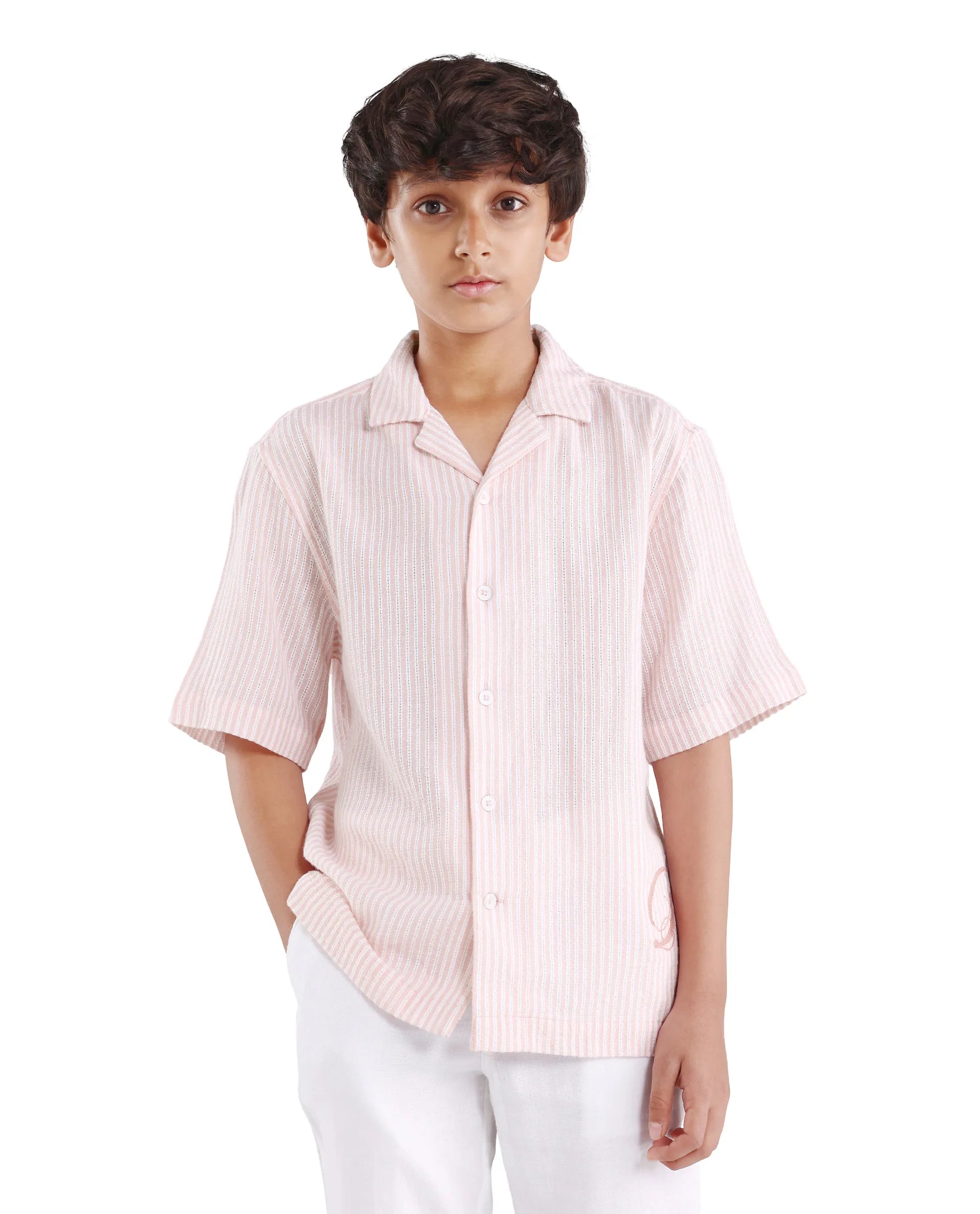 Boys Pastel Pink Cotton Linen Boxy Fit Shirt