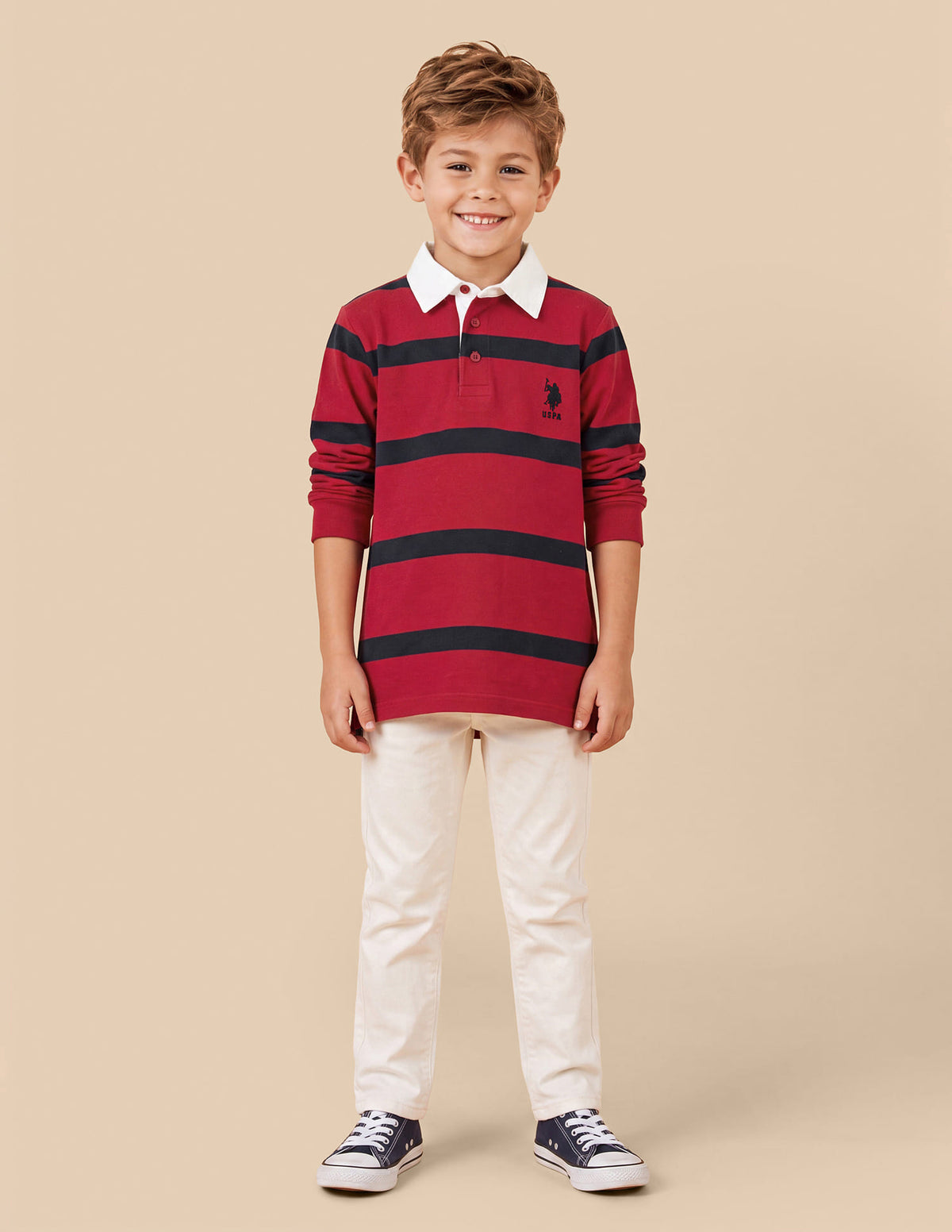 Boys Red Cotton Horizontal Striped Regular Fit Polo Shirt