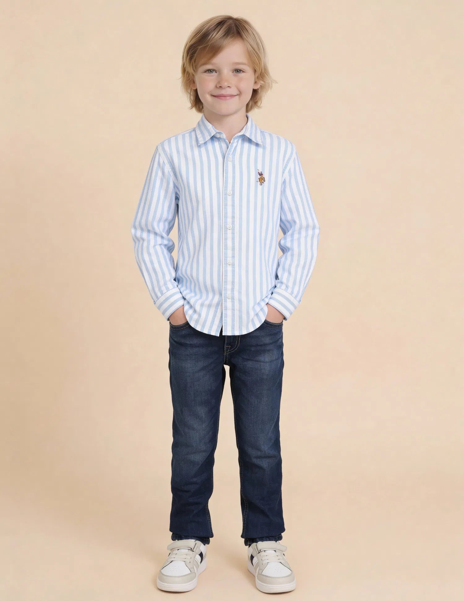 Boys Blue Vertical Striped Cotton Oxford Shirt – Regular Fit
