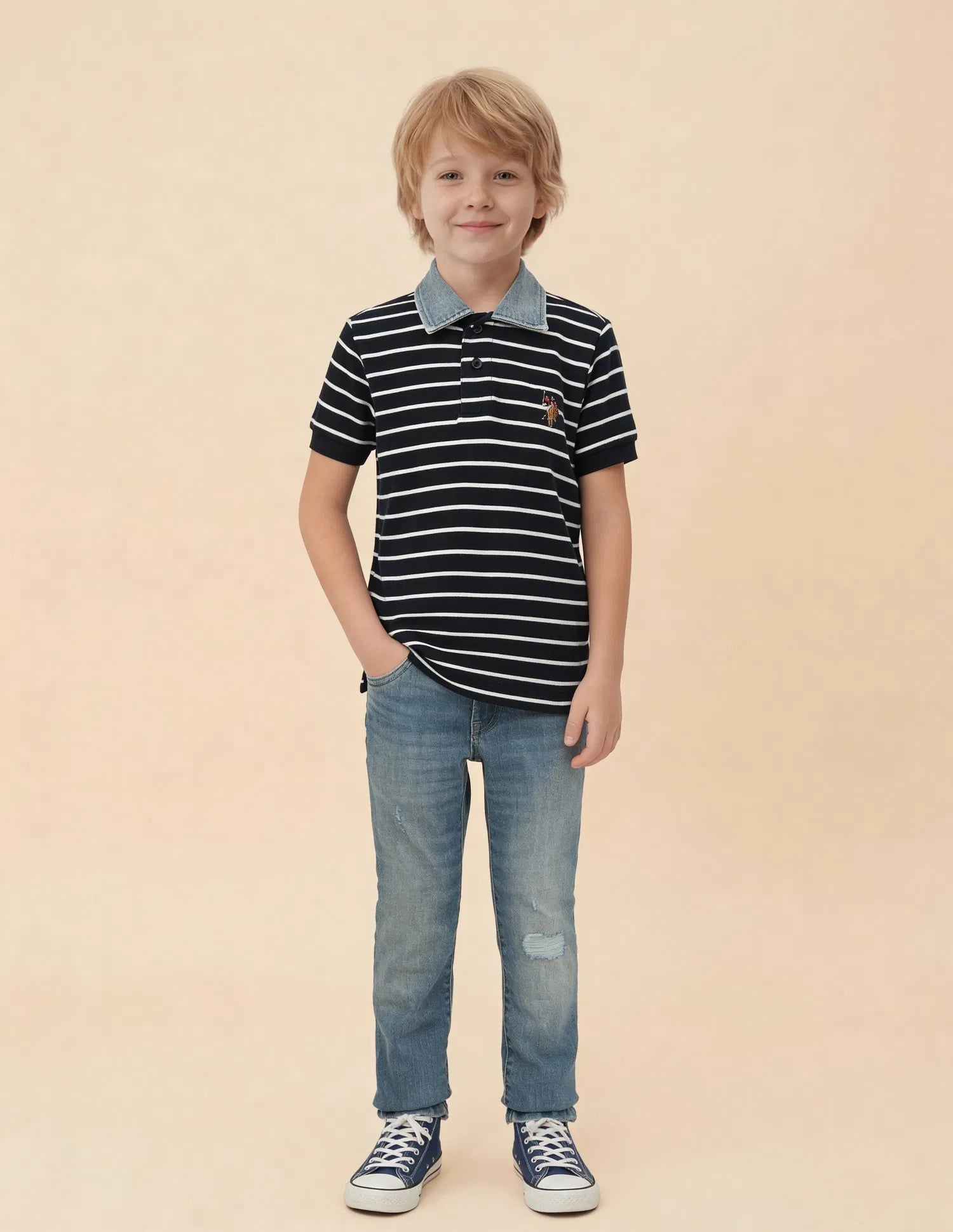 Boys Navy Cotton Striped Regular Fit Polo Shirt