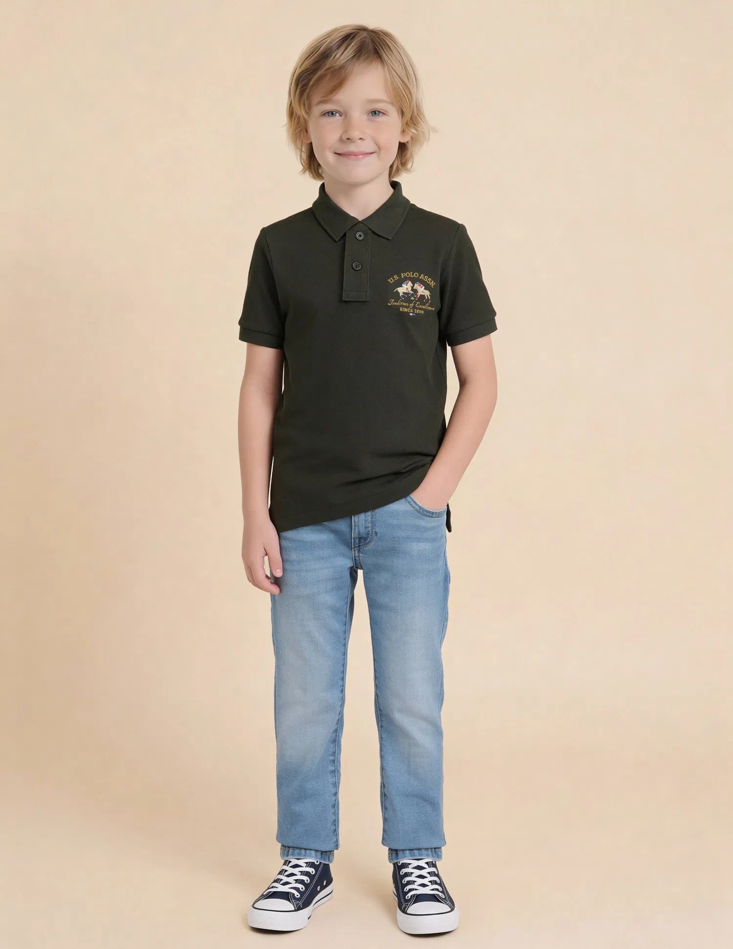 Boys Olive Cotton Embroidered Polo Shirt Regular Fit
