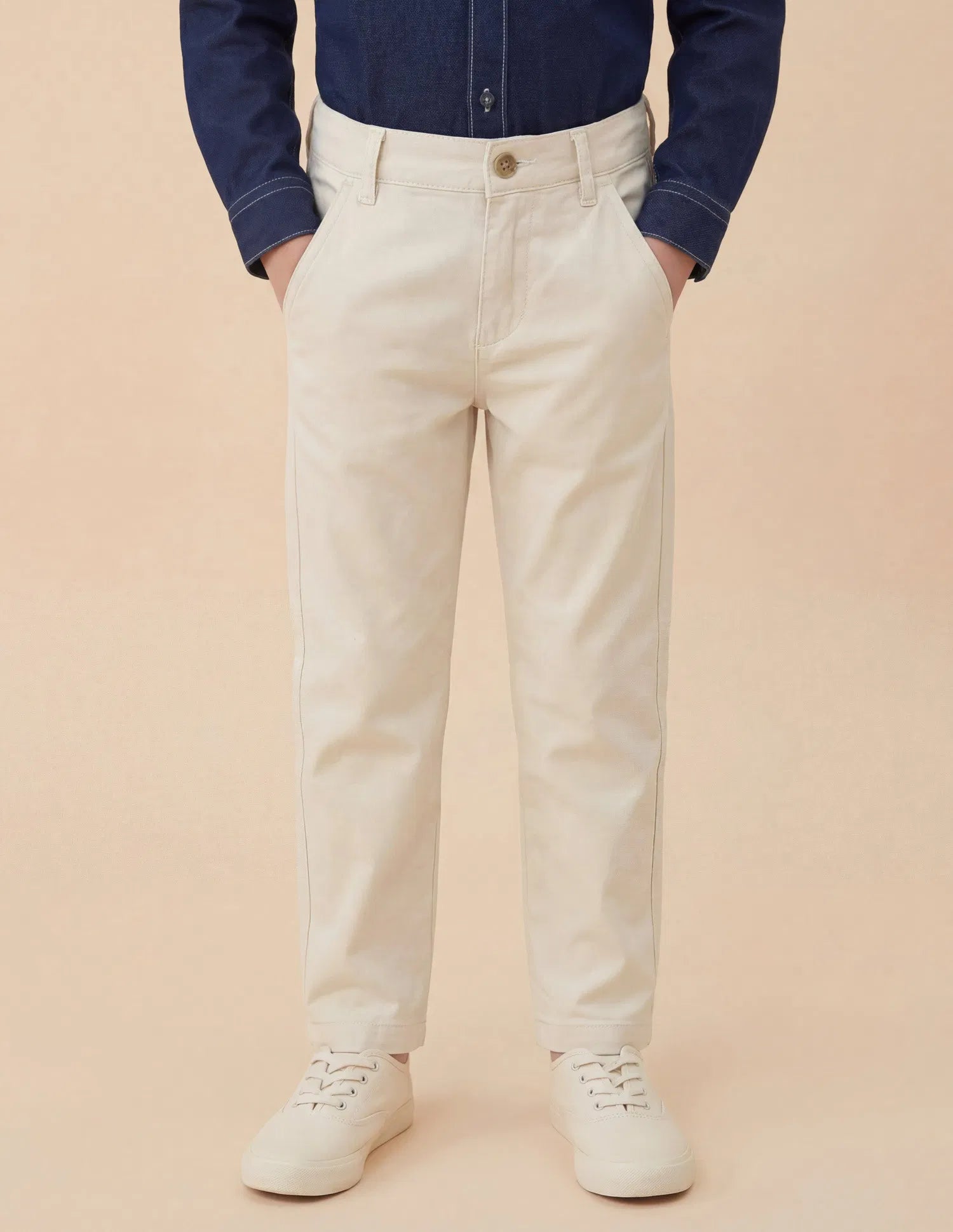 Boys Slim Fit Cotton Twill Trousers Off White