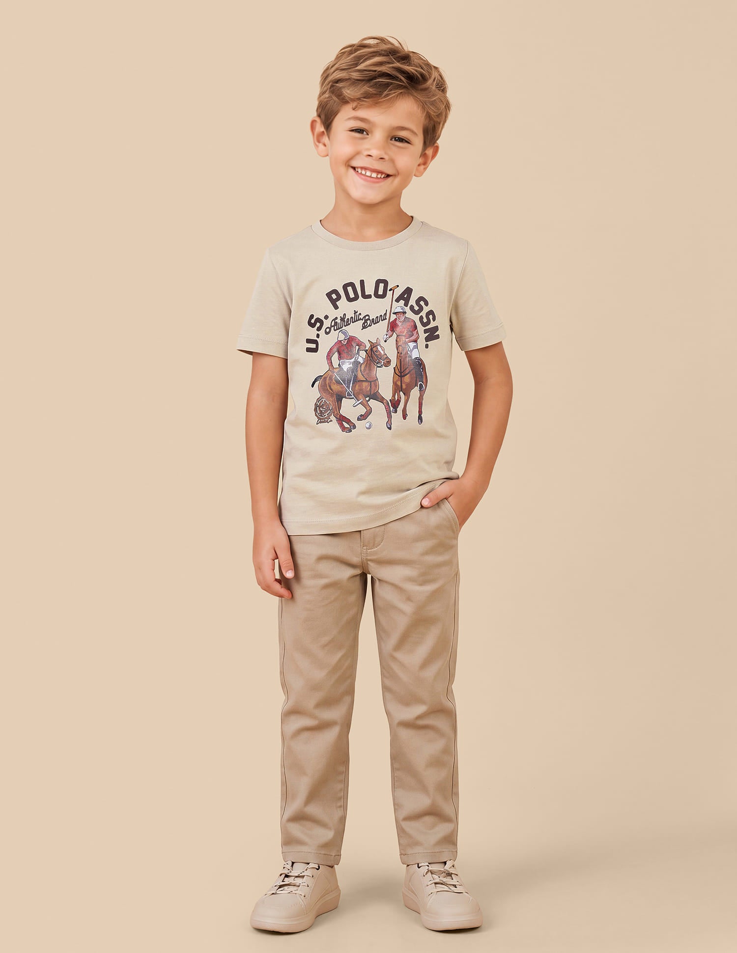 Boys Beige Cotton Graphic Print Regular Fit T-Shirt