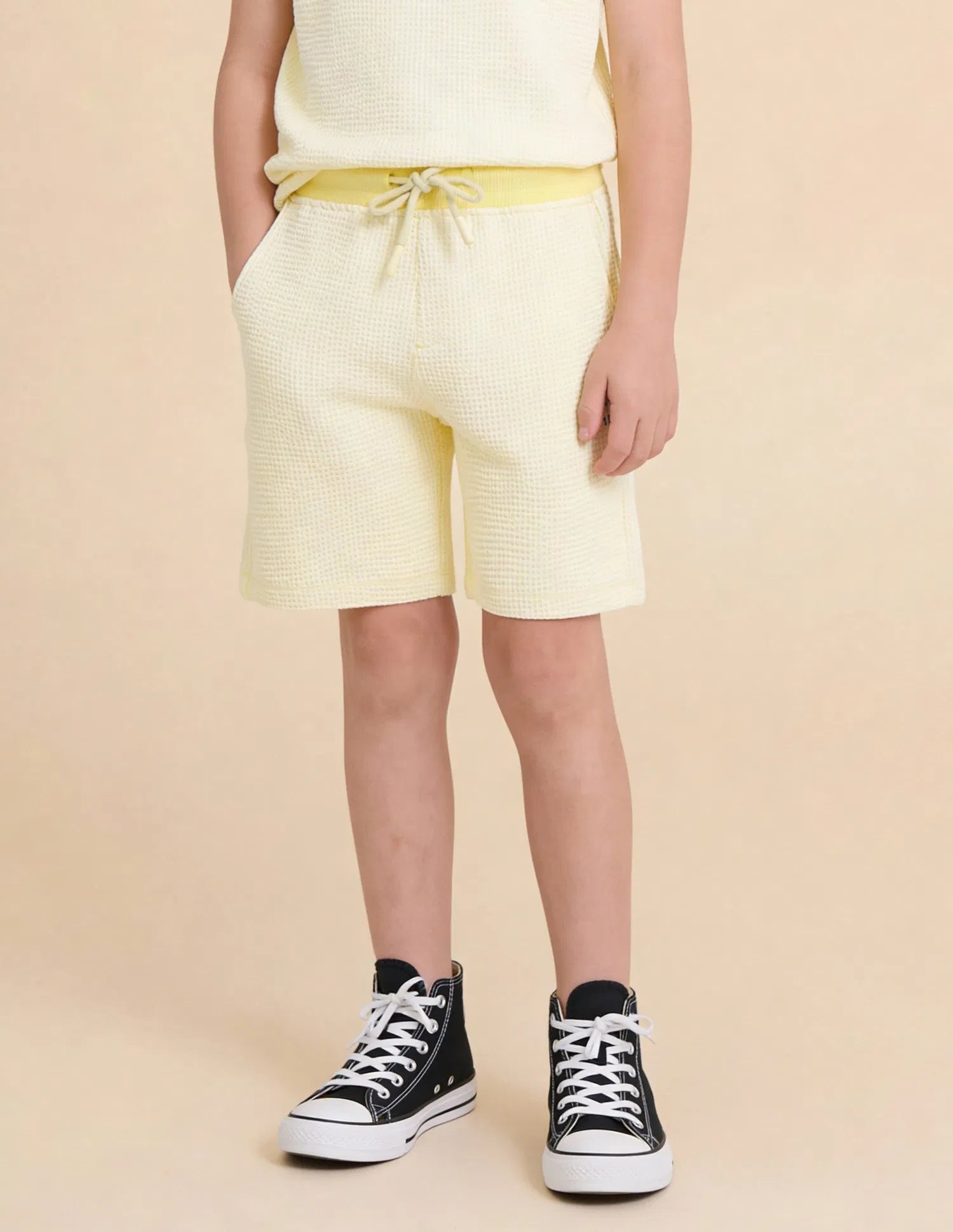 Boys Light Yellow Textured Cotton Blend Shorts Regular Fit