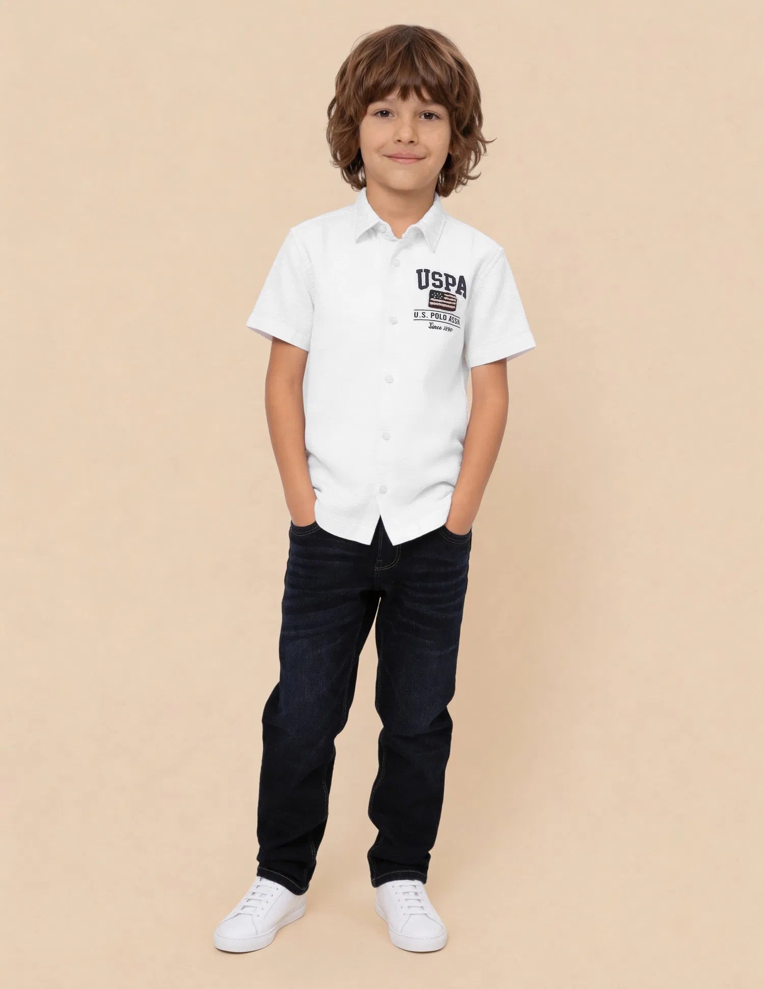 Boys White Logo Appliqued Cotton Textured Shirt – Regular Fit