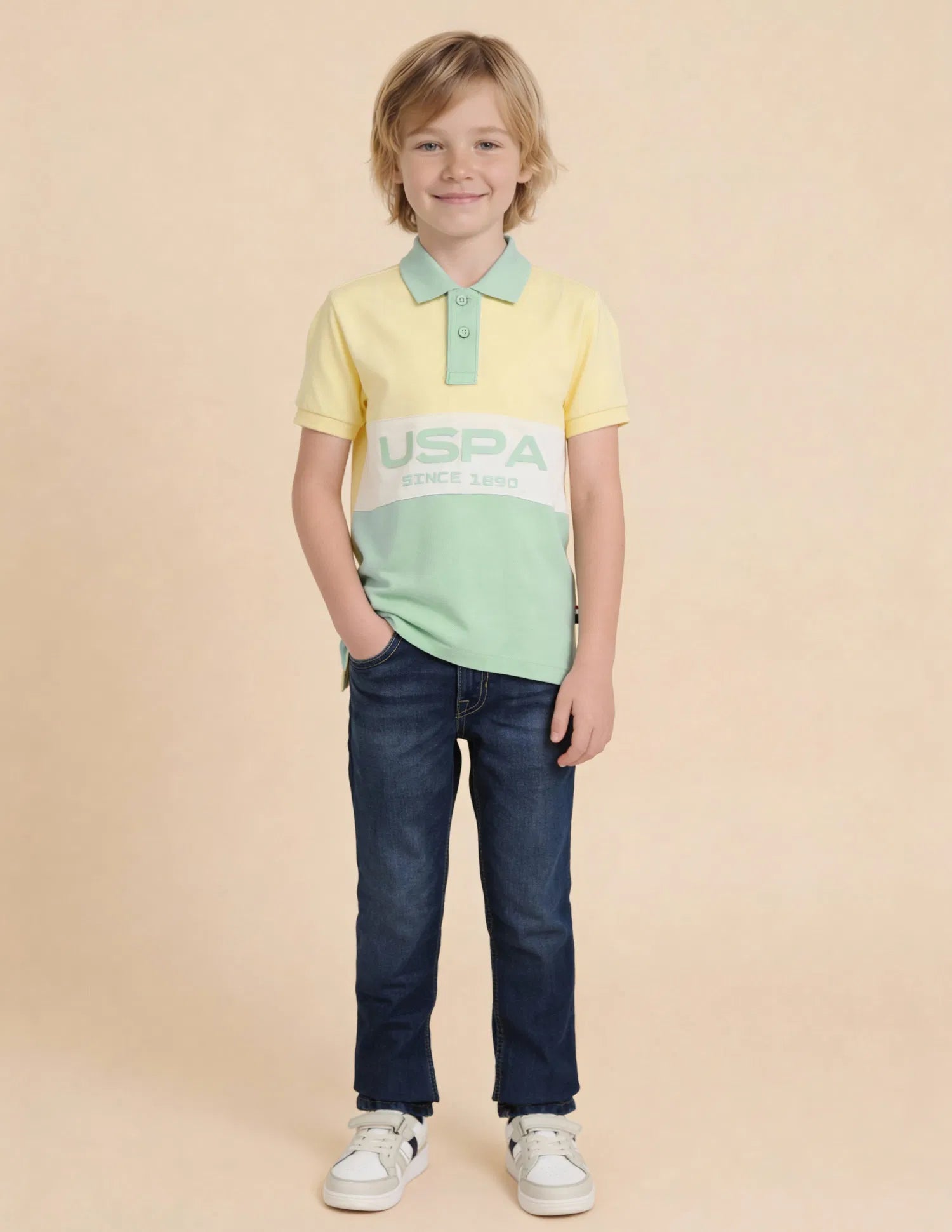 Boys Light Green Cotton Logo Print Regular Fit Polo Shirt