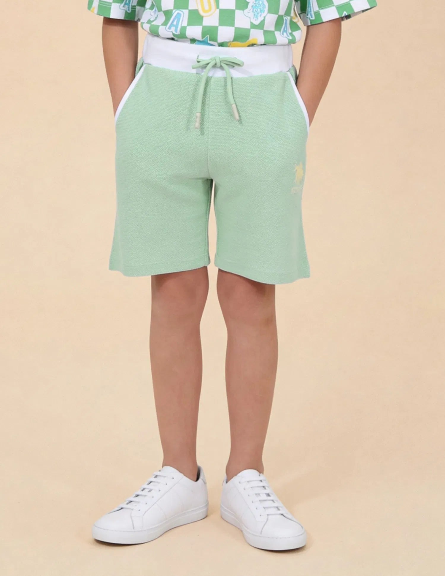 Boys Green Textured Cotton Shorts Regular Fit