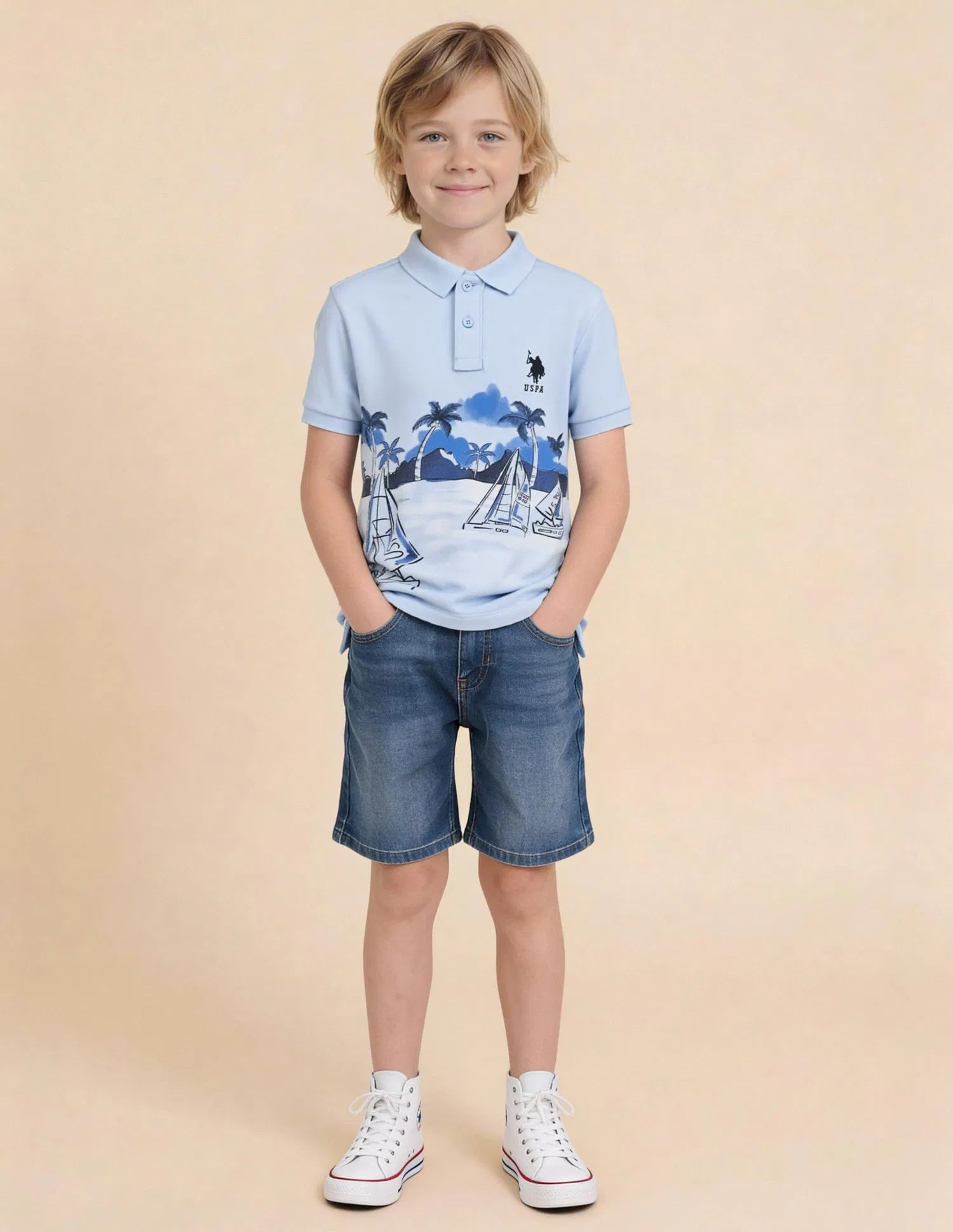 Boys Light Blue Cotton Graphic Print Regular Fit Polo Shirt