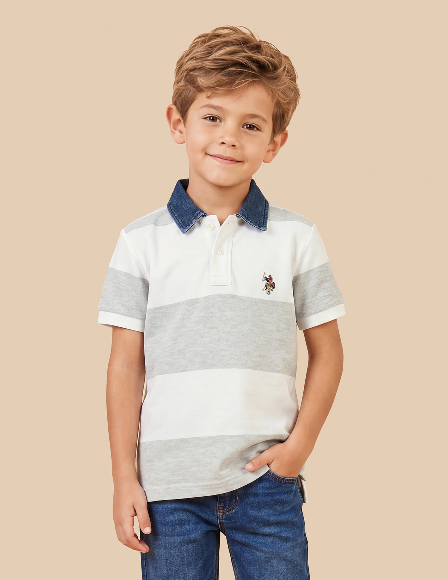 Boys Off White Horizontal Striped Regular-Fit Cotton Polo Shirt